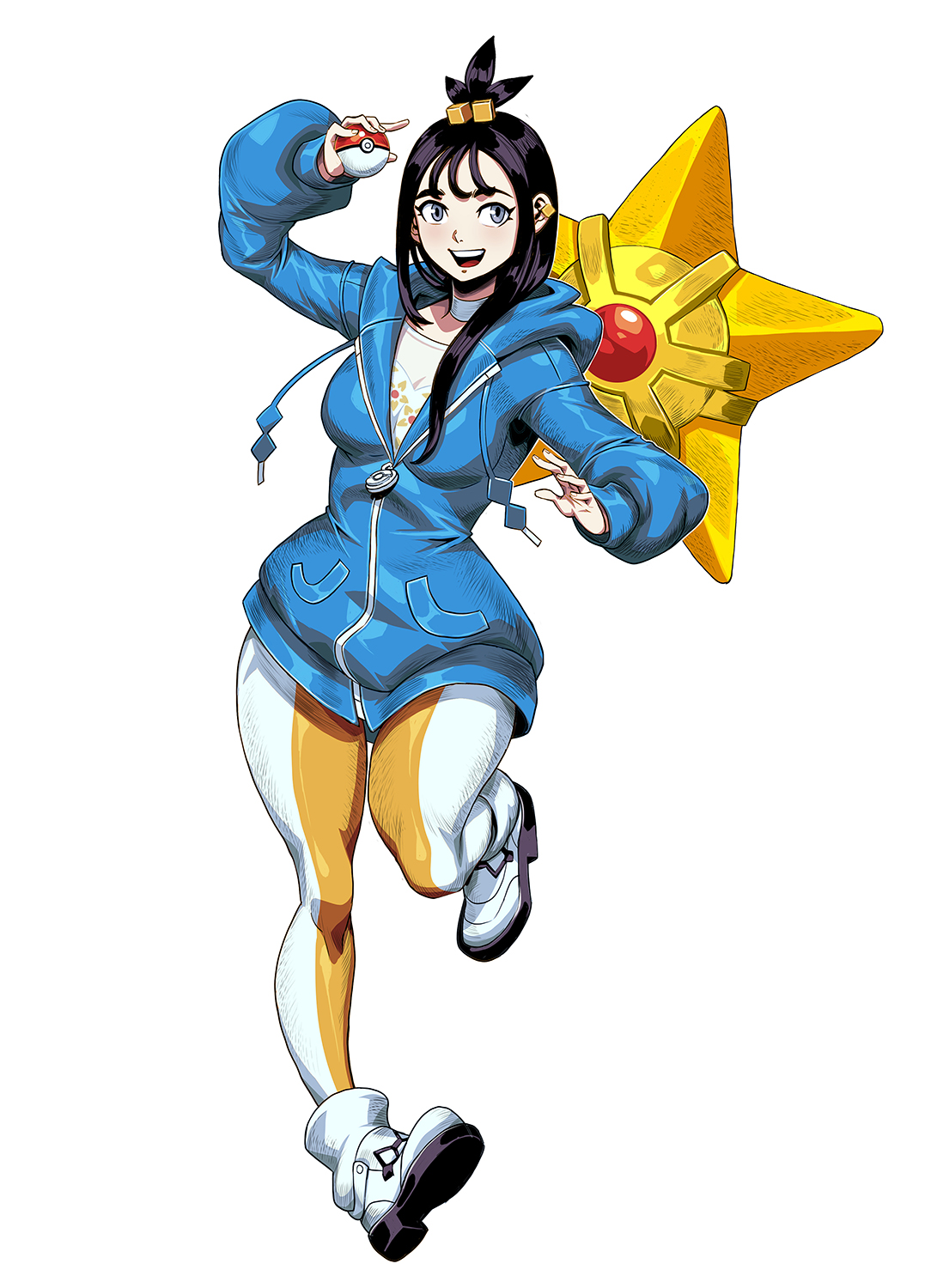 genzoman, lida (pokemon), staryu, nintendo, pokemon, pokemon legends: z-a, highres, 1girl, black hair, blue hoodie, blush, breasts, cube hair ornament, earclip, full body, gen 1 pokemon, grey eyes, hair ornament, holding, holding poke ball, hood, hood down, hoodie, leggings, long hair, long sleeves, looking at viewer, medium breasts, open mouth, orange leggings, poke ball, poke ball (basic), pokemon (creature), shirt, simple background, smile, teeth, topknot, two-tone legwear, upper teeth only, white background, white leggings, wispy bangs