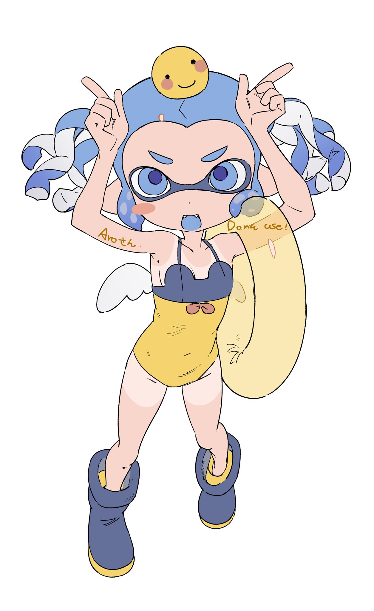 gomi20021021, inkling girl, inkling player character, nintendo, splatoon (series), commentary request, highres, 1girl, :d, bare arms, bare shoulders, blue eyes, blue hair, blue one-piece swimsuit, blue shoes, blue tongue, blush stickers, colored tongue, covered navel, creature on head, fangs, flat chest, full body, hands up, inkling, innertube, looking at viewer, one-piece swimsuit, open mouth, pointy ears, shoes, short hair, short twintails, simple background, single blush sticker, smile, solo, standing, swim ring, swimsuit, tan, tanline, tentacle hair, twintails, two-tone one-piece swimsuit, white background, white wings, wings, yellow one-piece swimsuit