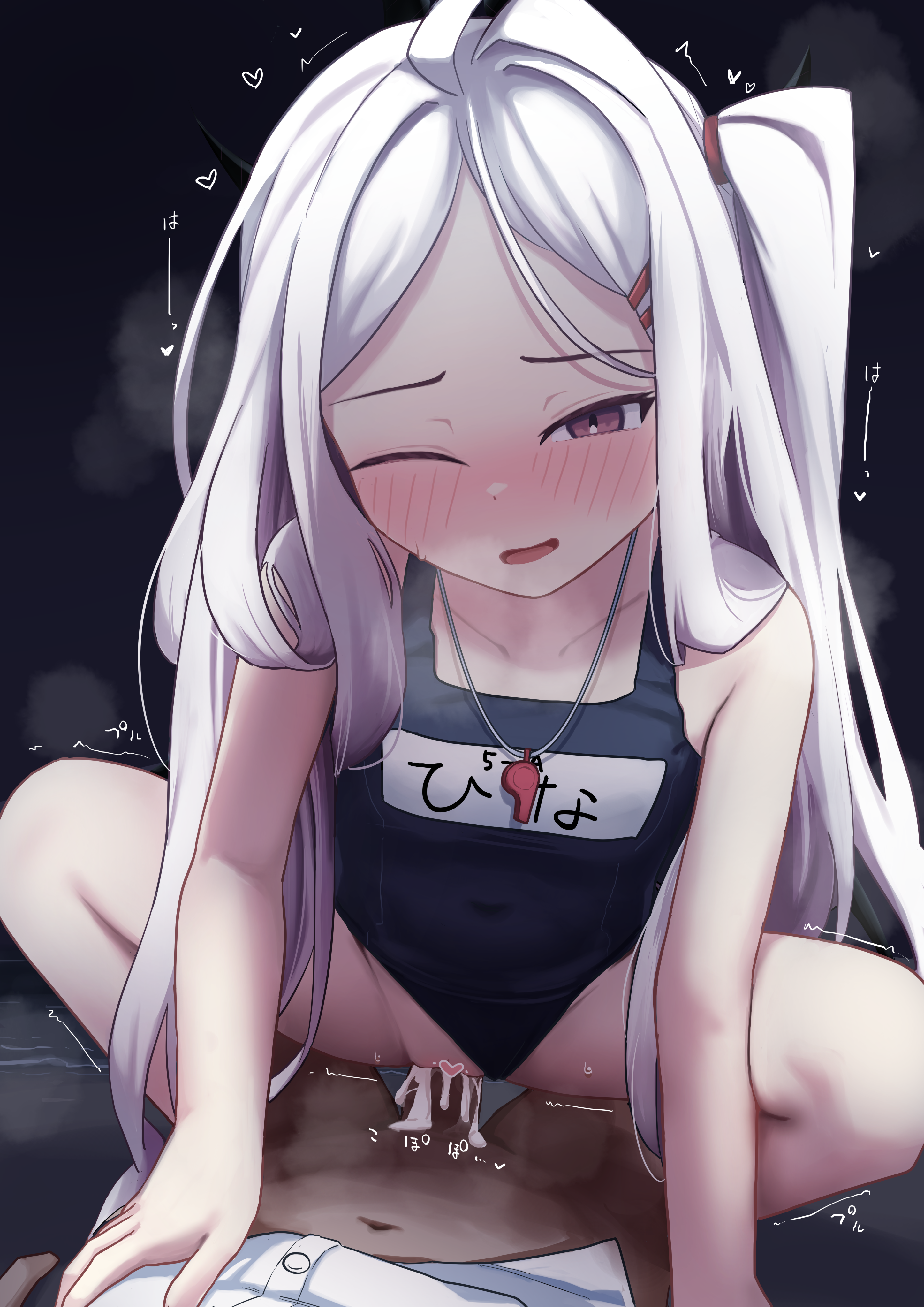 satou (www nemu), hina (blue archive), hina (swimsuit) (blue archive), sensei (blue archive), blue archive, absurdres, highres, 1boy, 1girl, ahoge, blush, breasts, cum, cum in pussy, demon girl, demon horns, heart, horns, long hair, old school swimsuit, open mouth, penis, purple eyes, pussy, school swimsuit, sex, small breasts, swimsuit, white hair