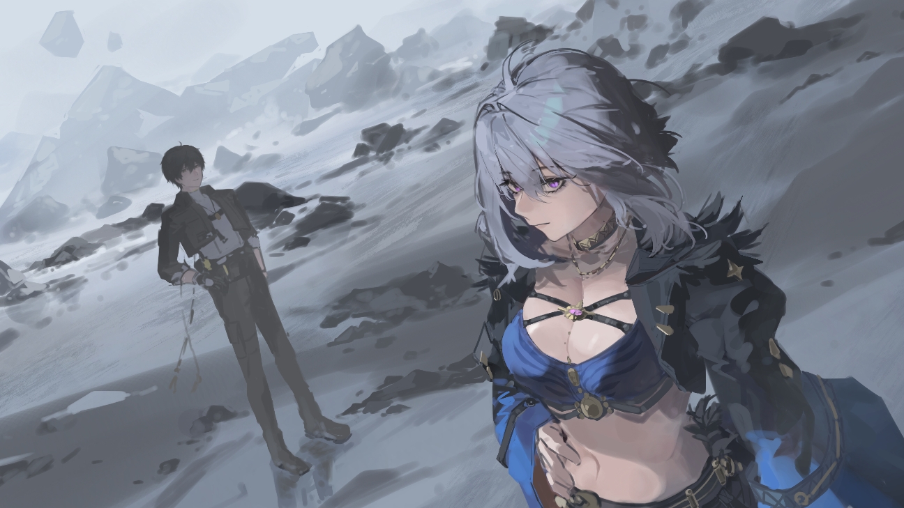 ian46166491, galbrena (wuthering waves), male rover (wuthering waves), rover (wuthering waves), wuthering waves, chinese commentary, commentary request, 1boy, 1girl, black gloves, black hair, black jacket, black pants, blue bra, bra, breasts, closed mouth, cropped jacket, gloves, grey hair, grey shirt, hand on own hip, jacket, looking at viewer, medium breasts, navel, open clothes, open jacket, pants, purple eyes, shirt, stomach, underwear