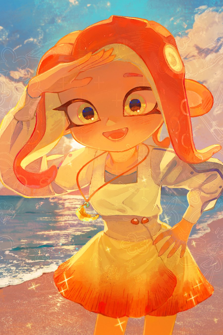 dmwggg, octoling girl, octoling player character, nintendo, splatoon (series), commentary, highres, symbol-only commentary, 1girl, :d, beach, cowboy shot, dress, fangs, hand on own head, hand on own hip, long sleeves, medium hair, octoling, open mouth, outdoors, parted bangs, puffy long sleeves, puffy sleeves, red hair, smile, solo, tentacle hair, white dress, yellow eyes