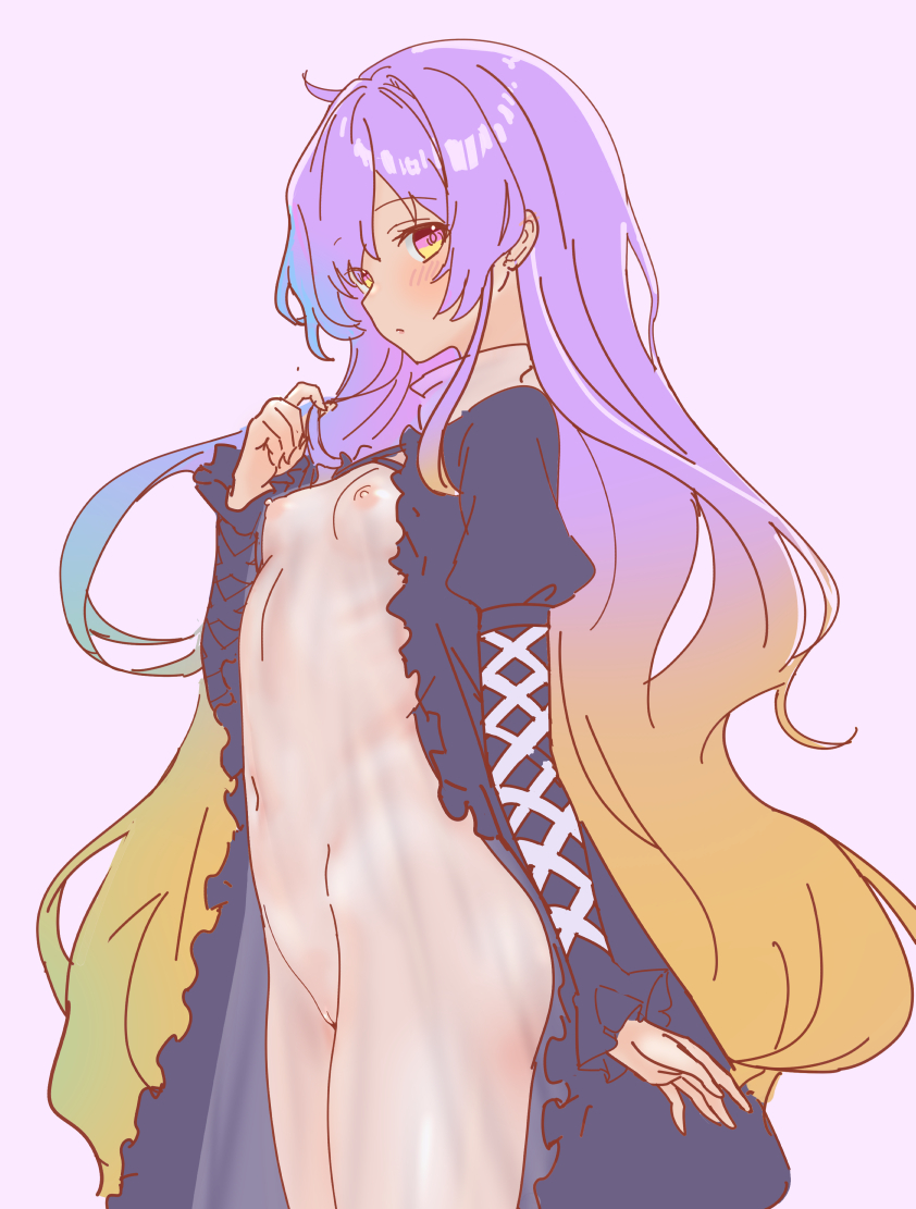 soara shimomo, hijiri byakuren, touhou, 1girl, black jacket, blush, breasts, cross-laced clothes, cross-laced sleeves, dress, gradient hair, jacket, long hair, long sleeves, looking at viewer, multicolored hair, navel, nipples, pink background, purple hair, pussy, see-through clothes, see-through dress, simple background, small breasts, solo, white dress, yellow eyes