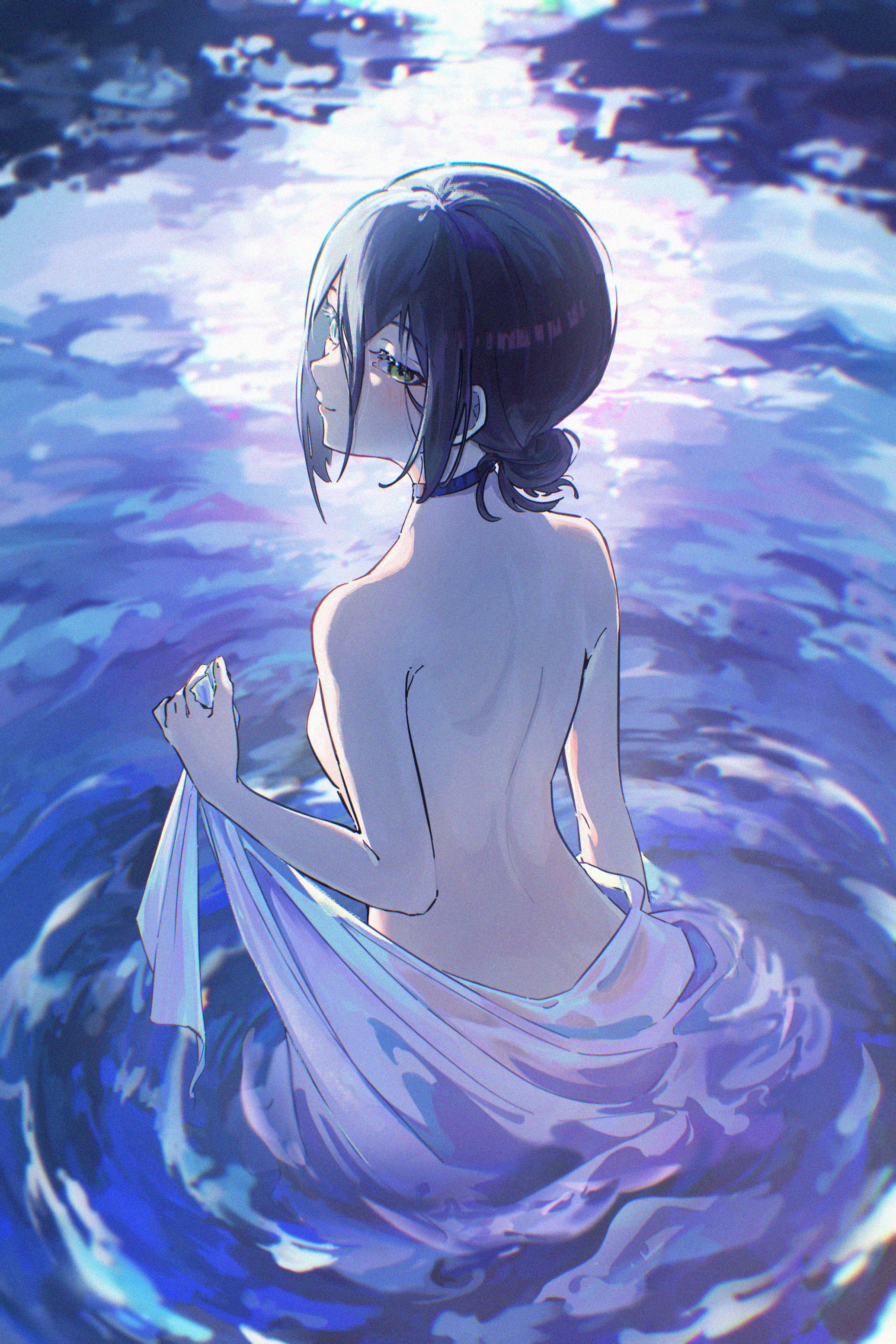 gin s, reze (chainsaw man), chainsaw man, absurdres, commentary, highres, 1girl, back, bare back, bare shoulders, black choker, black hair, blush, breasts, choker, from behind, green eyes, hair between eyes, hair bun, holding, looking back, medium hair, nude, partially submerged, pool, ripples, smile, solo, standing, water, waves