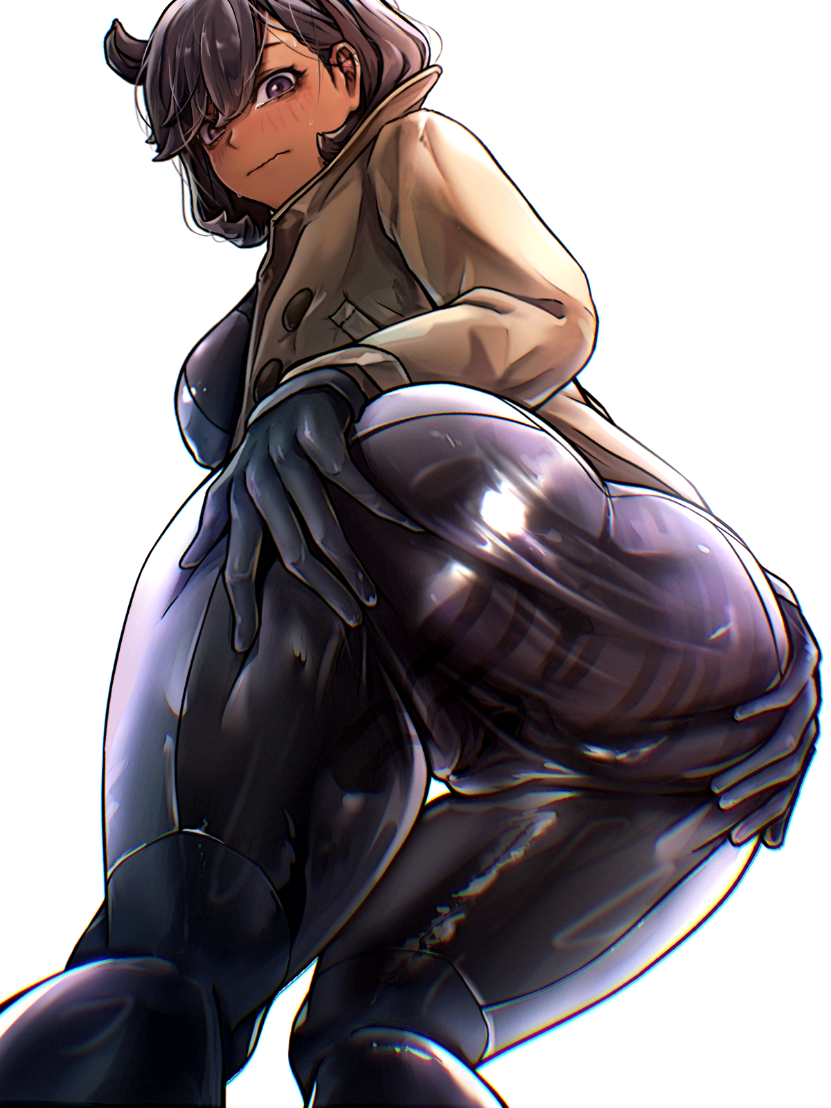 wldud9 9, emma (pokemon), nintendo, pokemon, pokemon legends: z-a, commentary request, highres, korean commentary, mixed-language commentary, 1girl, aged up, ass, black bodysuit, black gloves, black hair, blush, bodysuit, bodysuit under clothes, breasts, brown jacket, closed mouth, cowlick, dark-skinned female, dark skin, from below, gloves, hair between eyes, jacket, large breasts, latex, latex bodysuit, long sleeves, looking at viewer, orange gloves, purple eyes, short hair, sidelocks, simple background, skin tight, solo, spread ass, sweat, swept bangs, tearing up, two-tone gloves, white background