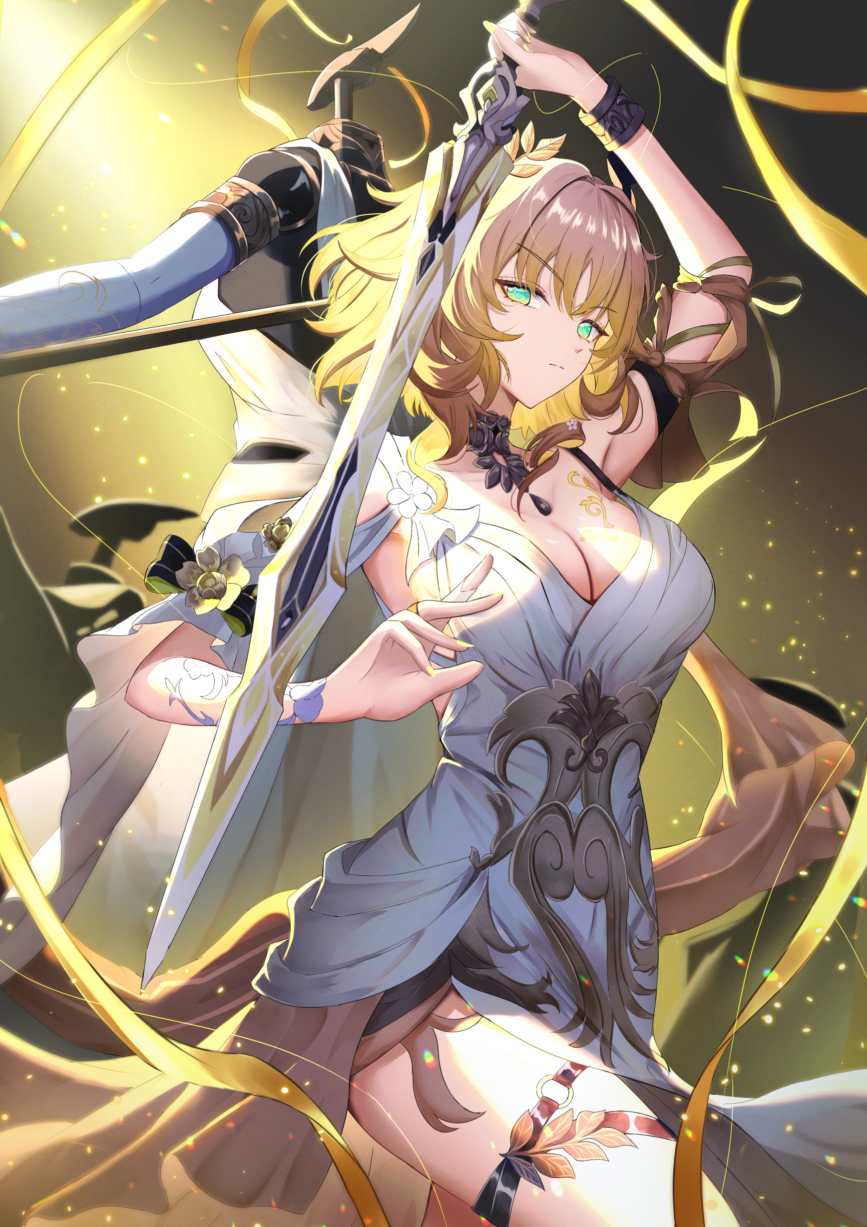 gao kawa, aglaea (honkai: star rail), honkai: star rail, honkai (series), absurdres, commentary request, highres, 1girl, ancient greek clothes, blonde hair, breast tattoo, breasts, cleavage, closed mouth, dress, garmentmaker (honkai: star rail), gold tattoo, greco-roman clothes, green eyes, hand up, holding, holding sword, holding weapon, large breasts, laurel crown, looking at viewer, mannequin, memosprite, short hair, sleeveless, sleeveless dress, solo, sword, tattoo, thigh strap, thighs, thread, weapon, white dress, yellow nails