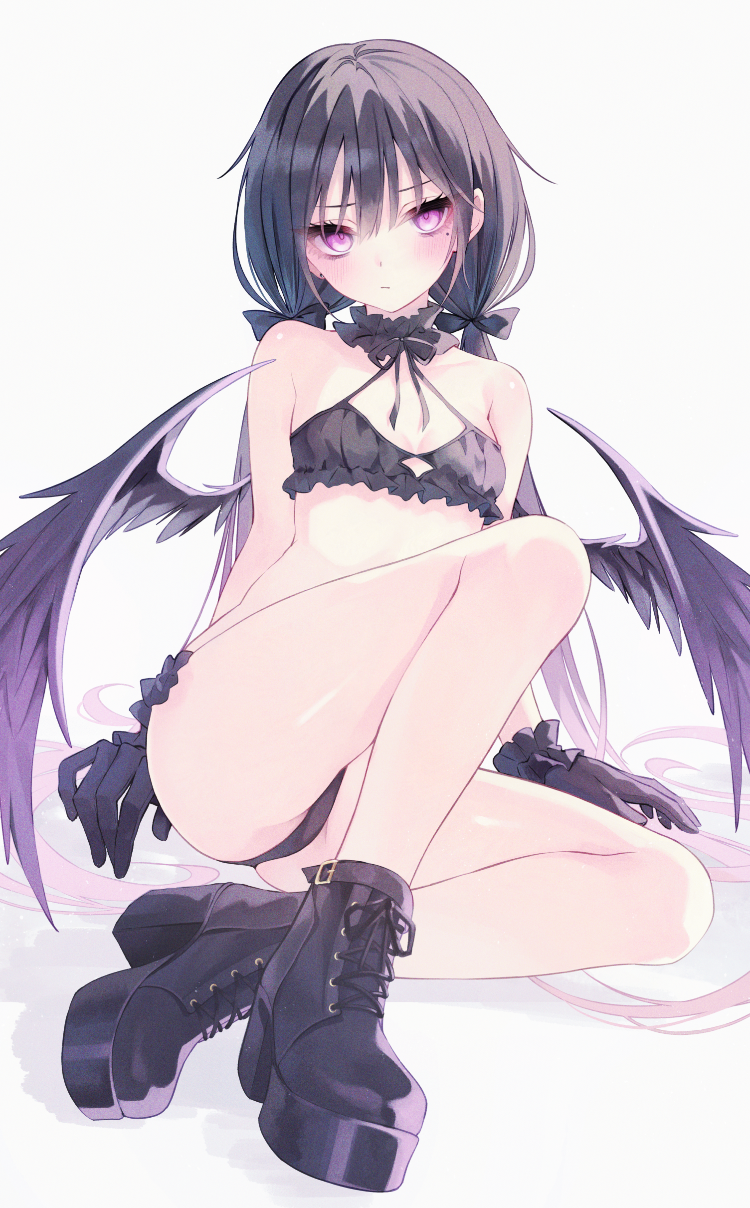 yuzuno kaori, original, absurdres, highres, 1girl, bare legs, black boots, black bra, black hair, black panties, blush, boots, bra, breasts, closed mouth, full body, long hair, low twintails, mole, mole under eye, panties, purple eyes, sitting, small breasts, solo, twintails, underwear, underwear only, very long hair, wings