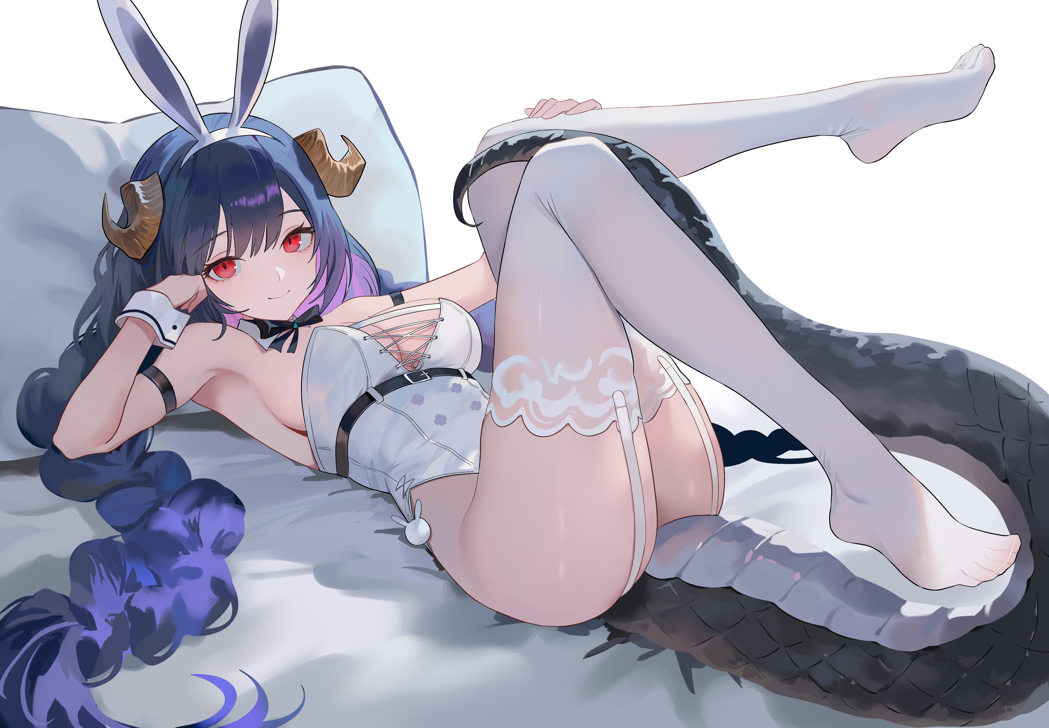 nbee ya, dungeon and fighter, original, absurdres, commission, highres, 1girl, animal ears, arm strap, armpits, ass, bare shoulders, black hair, bow, bowtie, braid, breasts, cleavage, closed mouth, detached collar, dragon girl, dragon horns, dragon tail, fake animal ears, garter straps, hairband, head rest, highleg, highleg leotard, horns, legs up, leotard, long hair, looking at viewer, lying, medium breasts, no shoes, on back, pillow, playboy bunny, rabbit ears, red eyes, smile, solo, tail, thighhighs, twin braids, twintails, very long hair, white leotard, white thighhighs, wrist cuffs