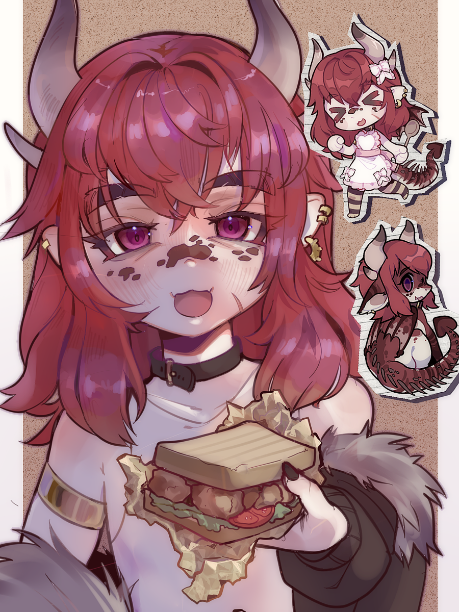 highres, non-web source, 1boy, apron, chibi, collar, demon horns, dragon, earrings, food, fur trim, holding, holding food, horns, jewelry, long hair, nail polish, pale skin, pink eyes, pointy ears, red hair, sandwich, scar, scar on face, simple background, trap