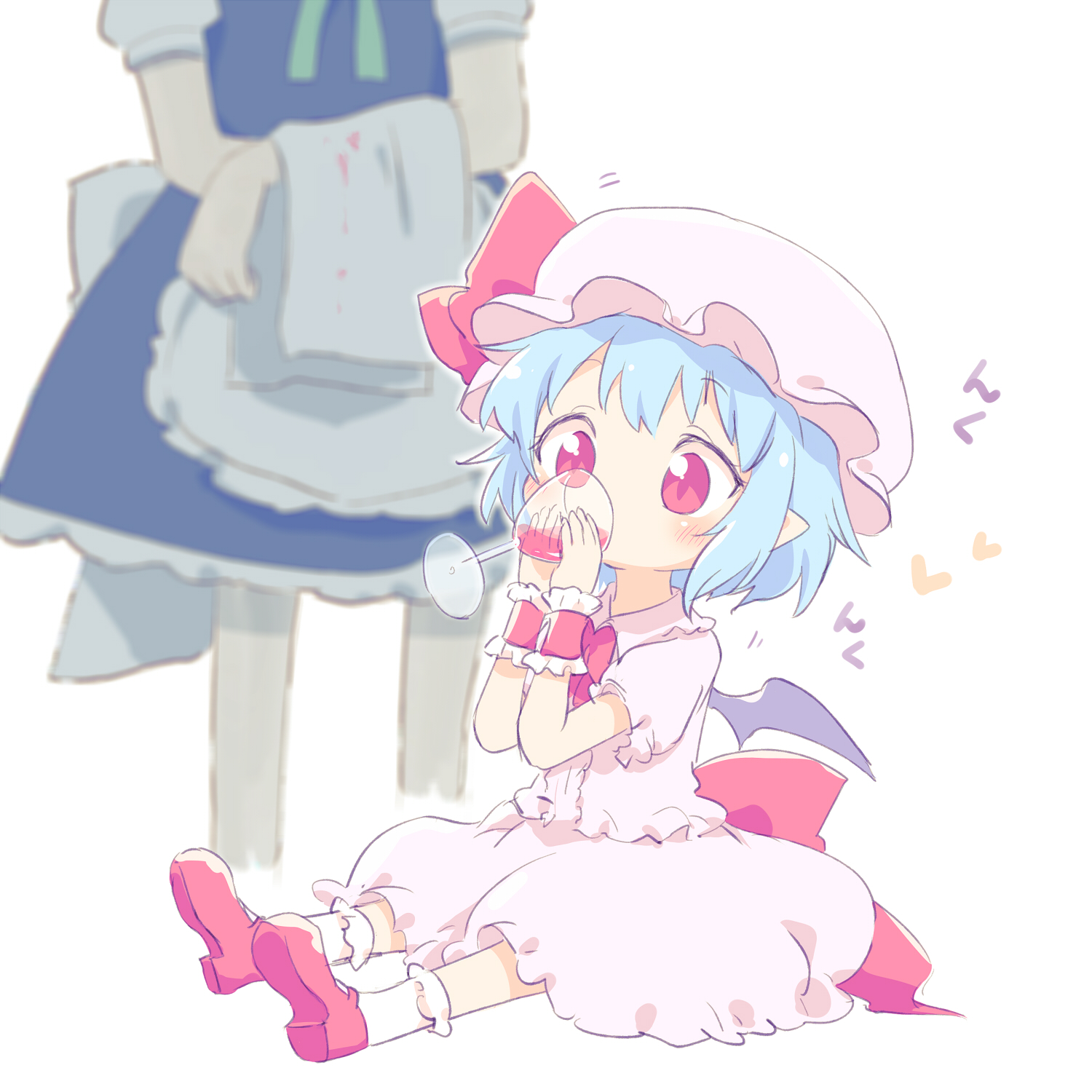 ayakashi (monkeypanch), izayoi sakuya, remilia scarlet, touhou, commentary, highres, 2girls, apron, bat wings, blue dress, blue hair, blush, bobby socks, cropped legs, cup, dress, drinking, drinking glass, elbow carry, frilled hat, frilled wristband, frills, hat, hat ribbon, head out of frame, heart, holding, holding cup, maid, mob cap, multiple girls, out of frame, pink hat, pink shirt, pink skirt, pointy ears, red eyes, red ribbon, red shoes, ribbon, shirt, shoes, short hair, short sleeves, simple background, sitting, skirt, socks, solo focus, standing, towel, waist apron, white apron, white background, white socks, wine glass, wings