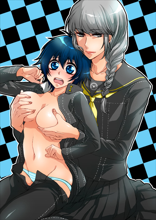 mero-n, meroun, narukami yu, shirogane naoto, atlus, persona, persona 4, bad id, bad pixiv id, 1boy, 1girl, androgynous, blue eyes, blue hair, blush, breasts, crossdressing, grabbing another's breast, grey eyes, grey hair, groping, hetero, large breasts, long hair, multiple boys, no bra, panties, reverse trap, school uniform, short hair, skirt, smile, trap, underwear