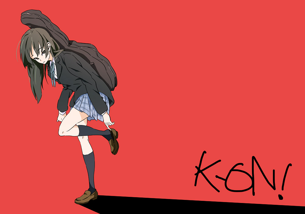 kansai local, kansai rokaru, akiyama mio, k-on!, bad id, bad pixiv id, 00s, 1girl, black hair, blazer, blunt bangs, bow, female focus, full body, guitar case, hime cut, instrument case, jacket, kneehighs, loafers, plaid clothes, plaid skirt, putting on footwear, school uniform, shoes, simple background, skirt, socks, solo