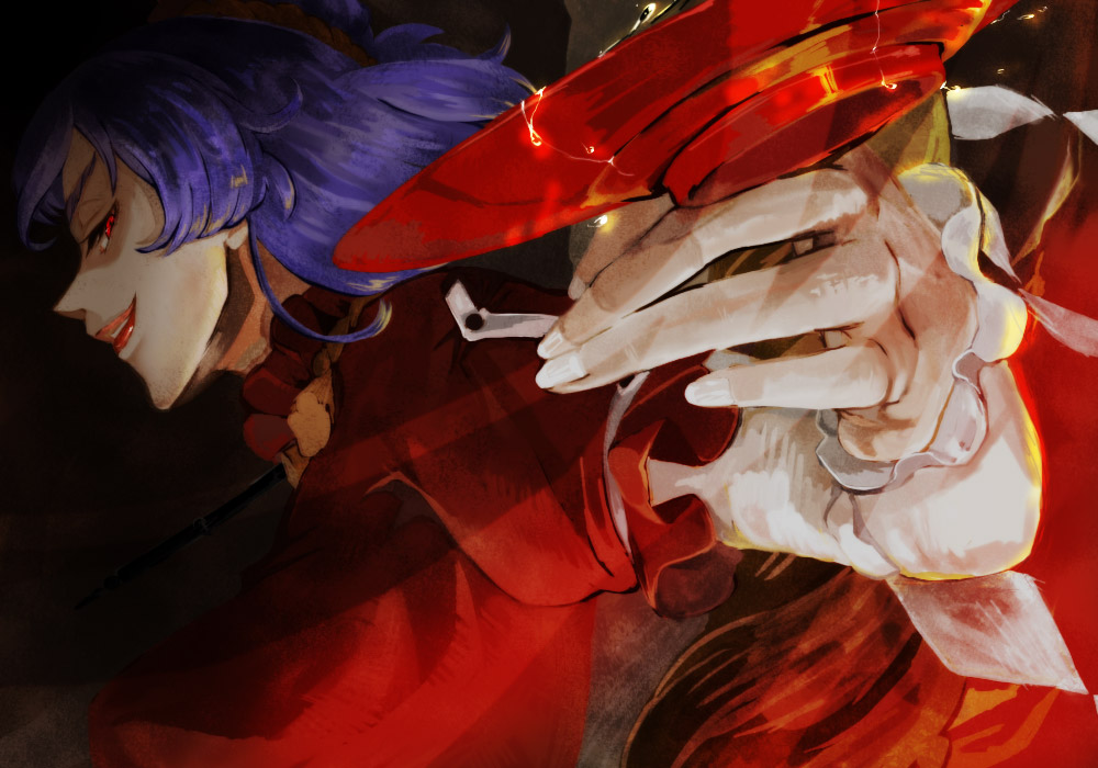 kurage (huwahuwaru n), yasaka kanako, touhou, bad id, bad pixiv id, 1girl, alcohol, black background, cup, female focus, foreshortening, purple hair, red eyes, sakazuki, sake, solo