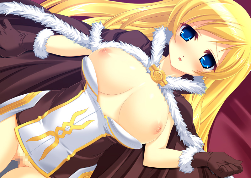 kinoshita ichi, high wizard (ragnarok online), ragnarok online, lossy-lossless, 1girl, blonde hair, blue eyes, blush, breasts, cape, censored, clothes pull, female focus, gloves, large breasts, nipples, no panties, pussy, shirt pull, solo