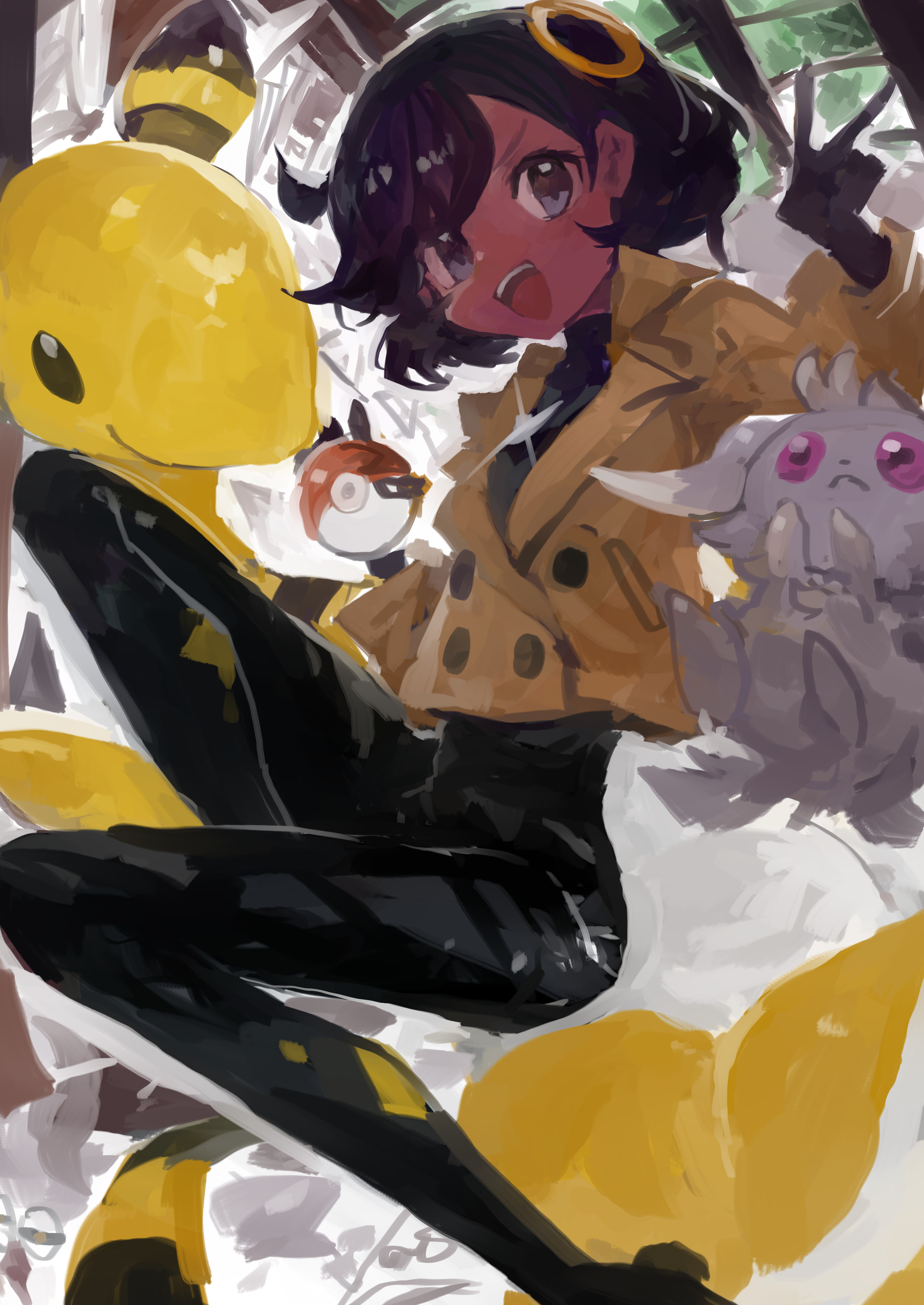 kaamin (mariarose753), ampharos, emma (pokemon), espurr, nintendo, pokemon, pokemon legends: z-a, absurdres, commentary request, highres, 1girl, :d, black bodysuit, black gloves, black hair, blue hair, bodysuit, bodysuit under clothes, brown jacket, dark-skinned female, dark skin, gen 2 pokemon, gen 6 pokemon, gloves, hand up, holding, holding poke ball, jacket, long sleeves, open mouth, poke ball, poke ball (basic), pokemon (creature), short hair, smile, teeth, upper teeth only, v