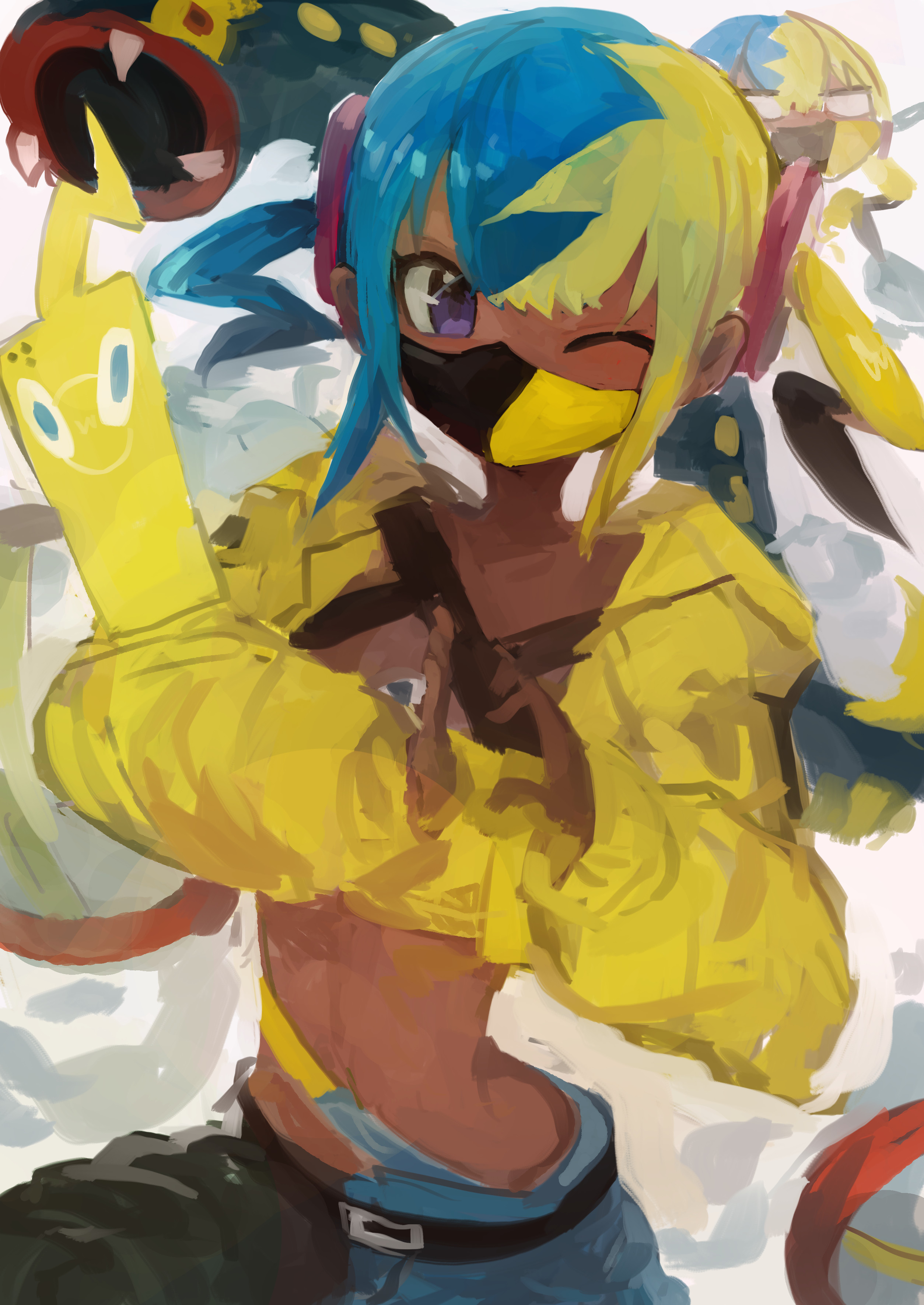 kaamin (mariarose753), canari (pokemon), eelektross, rotom, rotom phone, nintendo, pokemon, pokemon legends: z-a, absurdres, commentary, highres, 1girl, bandeau, belt, black belt, black mask, black pants, blonde hair, blue hair, blue pants, cropped jacket, dark-skinned female, dark skin, gen 4 pokemon, gen 5 pokemon, hood, hood down, hooded jacket, jacket, long sleeves, looking at viewer, mask, midriff, mouth mask, multicolored hair, navel, one eye closed, open clothes, open jacket, pants, pokemon (creature), purple eyes, short twintails, split-color hair, twintails, two-tone hair, two-tone mask, two-tone pants, yellow bandeau, yellow jacket, yellow mask