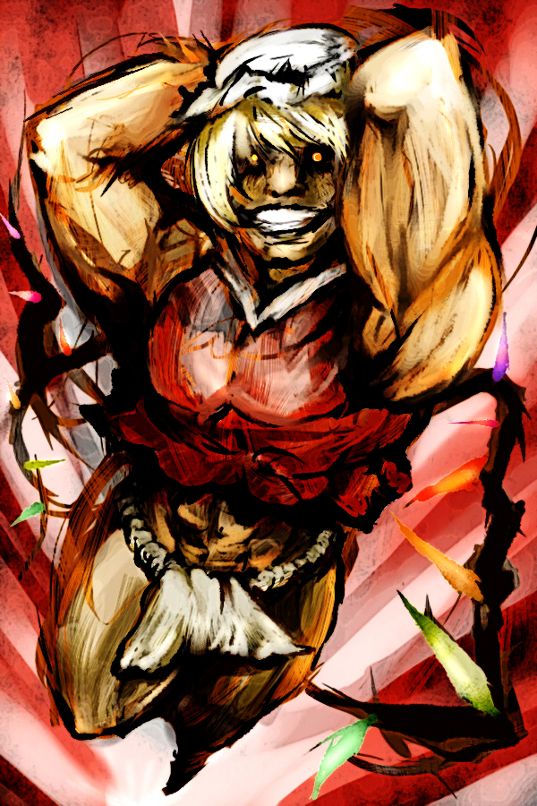 inuzuka yura, flandre scarlet, touhou, bad id, bad pixiv id, 1girl, armpits, blonde hair, female focus, full body, fundoshi, glowing, glowing eyes, hat, japanese clothes, manly, muscular, solo, wings