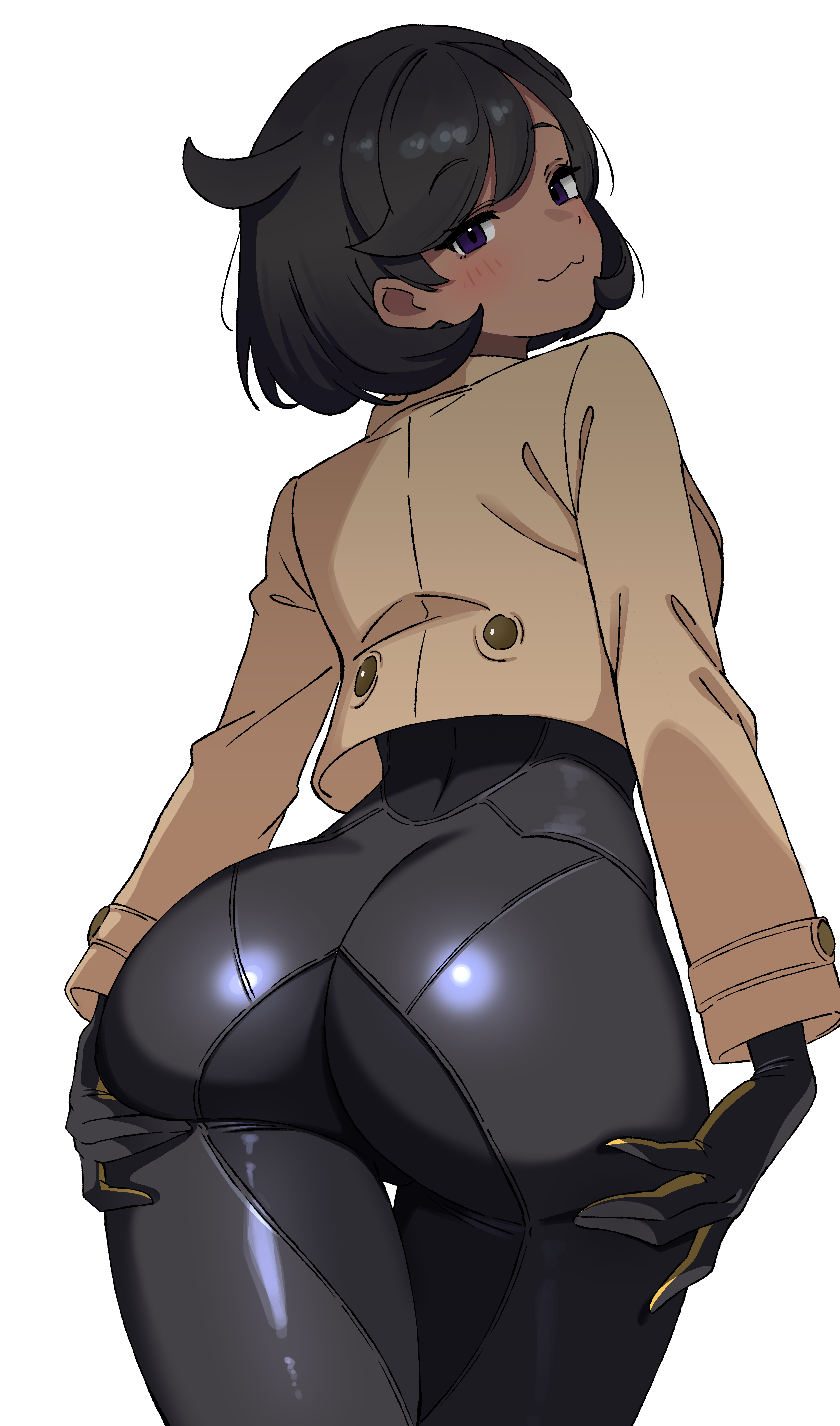 ge7f, emma (pokemon), nintendo, pokemon, pokemon legends: z-a, absurdres, highres, 1girl, :3, ass, ass focus, black bodysuit, black hair, blush, bodysuit, brown jacket, from behind, grabbing own ass, jacket, leaning forward, looking at viewer, looking back, purple eyes, short hair, side ahoge, simple background, solo, thigh gap, white background