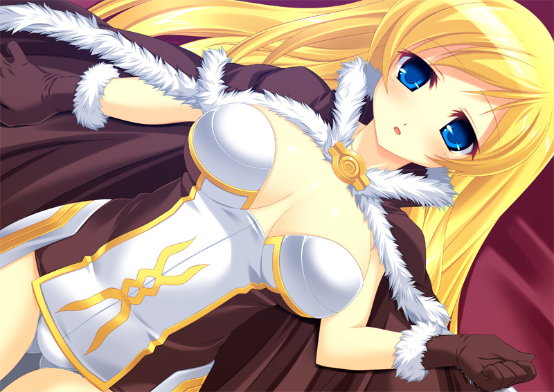 kinoshita ichi, high wizard (ragnarok online), ragnarok online, lossy-lossless, 1girl, blonde hair, blue eyes, blush, breasts, cape, cleavage, female focus, gloves, medium breasts, panties, solo, underwear, white panties