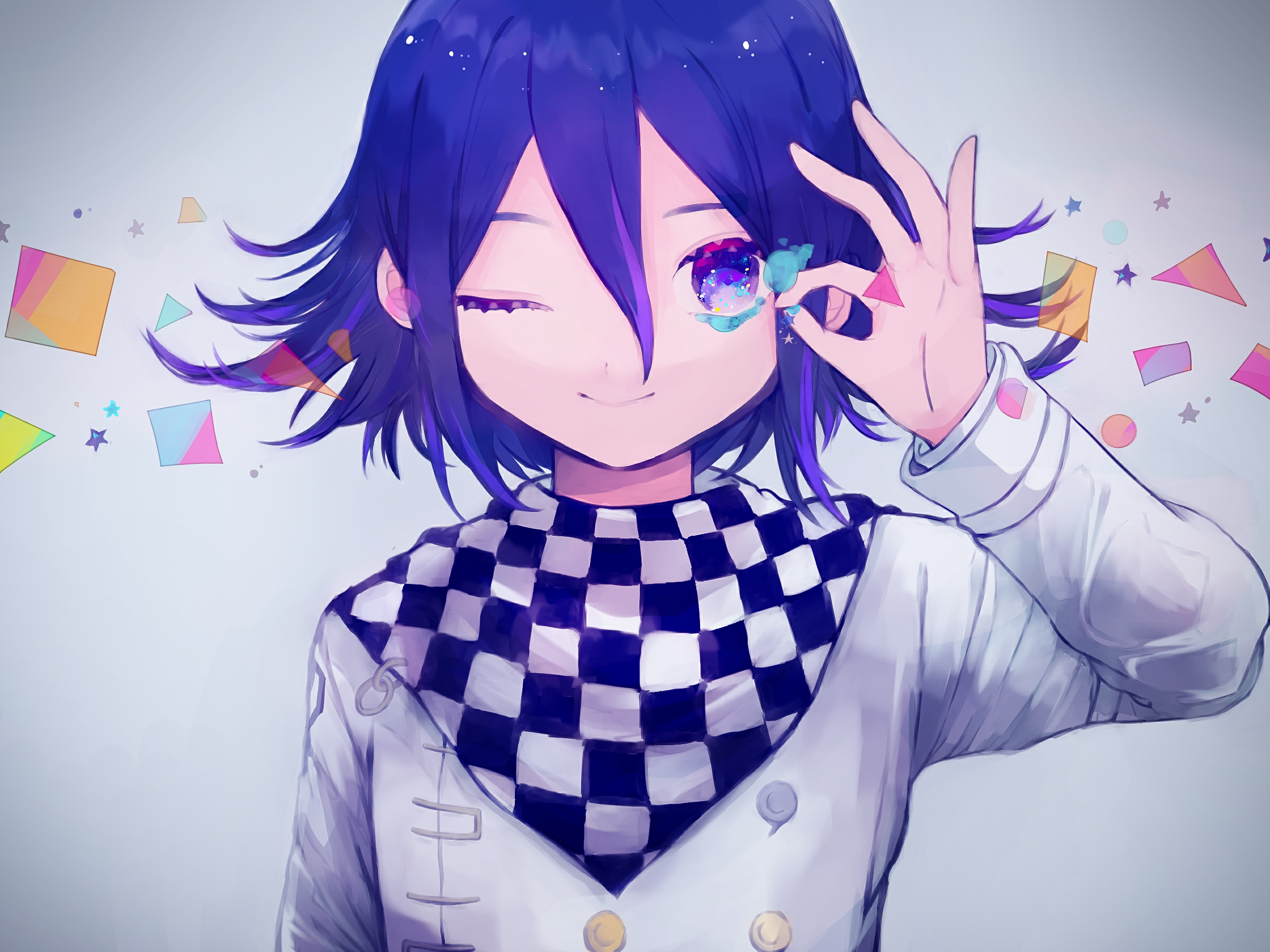 abrtskrg harukk, oma kokichi, danganronpa (series), danganronpa v3: killing harmony, shiny eyes, commentary, highres, 1boy, bishounen, buttons, checkered clothes, checkered scarf, eyelashes, flipped hair, grey background, hair between eyes, hand up, long sleeves, looking at viewer, male focus, multicolored buttons, ok sign, one eye closed, purple eyes, purple hair, scarf, short hair, smile, solo, two-tone scarf, upper body