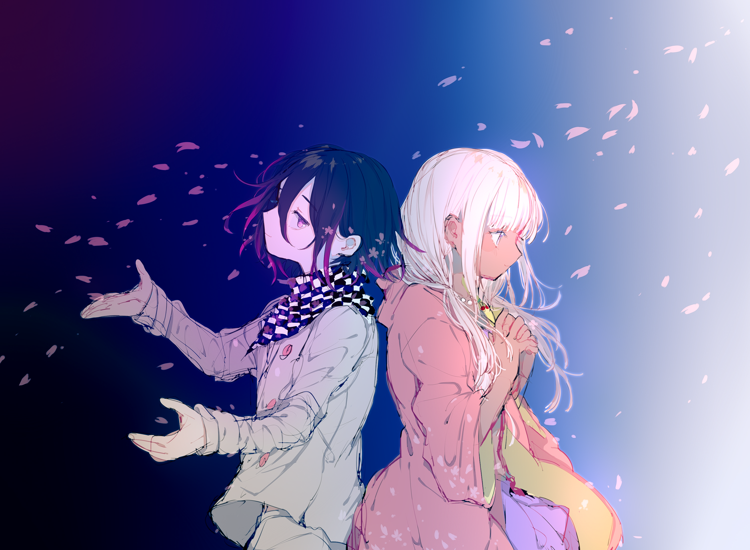 abrtskrg harukk, oma kokichi, yonaga angie, danganronpa (series), danganronpa v3: killing harmony, commentary, highres, 1boy, 1girl, back-to-back, black hair, blue background, blunt bangs, buttons, checkered clothes, checkered scarf, closed mouth, dark-skinned female, dark skin, falling petals, flipped hair, from side, ganguro, gradient background, gyaru, hair between eyes, long hair, long sleeves, looking at viewer, low twintails, outstretched arms, own hands together, petals, profile, purple eyes, purple hair, raincoat, scarf, short hair, sidelighting, twintails, two-tone scarf, upper body, white hair, yellow raincoat