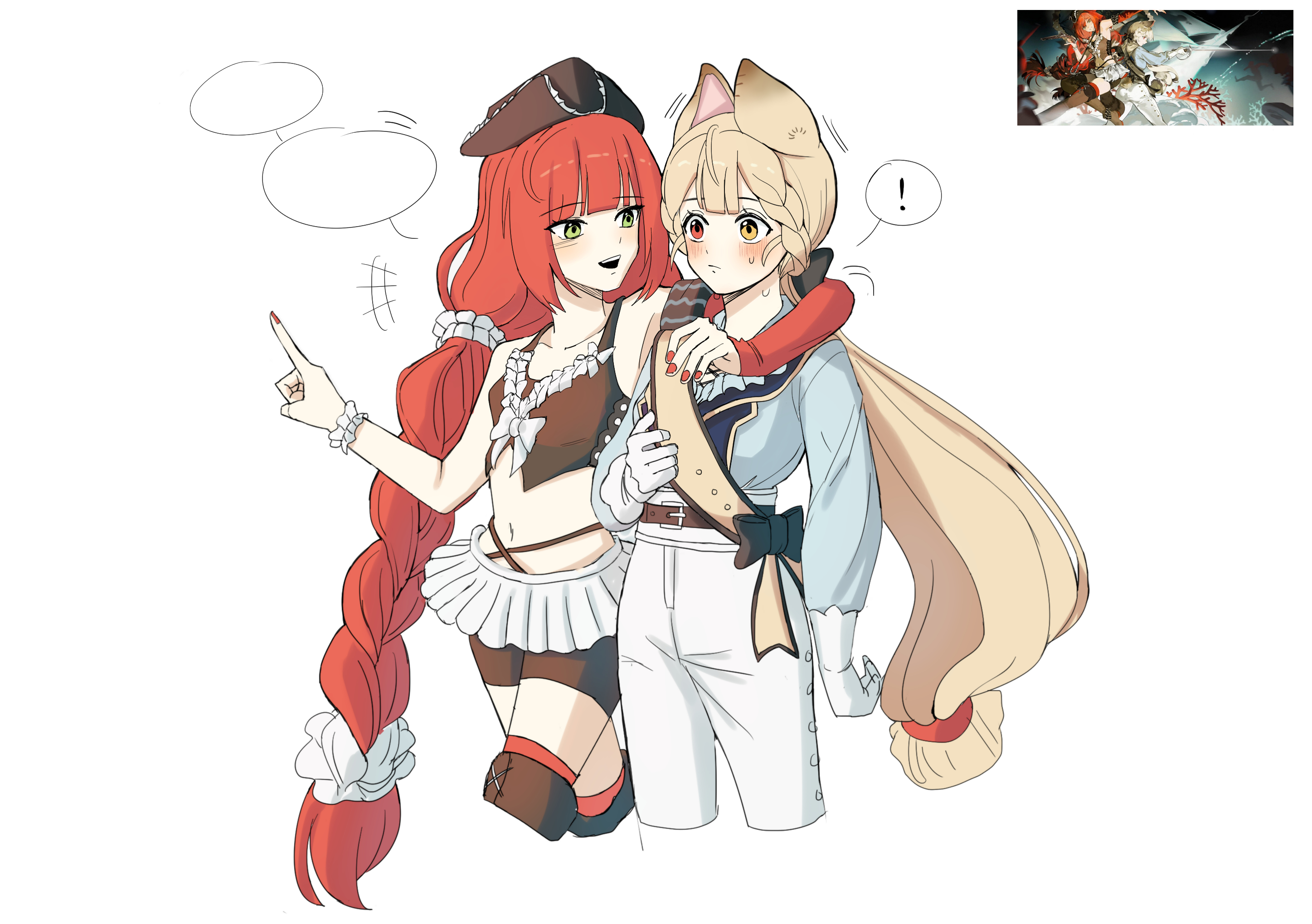 es030103010301, alice thymefield, ukinami yuzuha, zenless zone zero, commentary request, highres, !, 2girls, alternate costume, animal ear fluff, animal ears, belt, black bow, blank speech bubble, blonde hair, blue jacket, blush, boots, bow, brown boots, center frills, closed mouth, frilled wrist cuffs, frills, gloves, green eyes, hair ornament, hat, heterochromia, jacket, long hair, looking at another, midriff, multiple girls, navel, open mouth, pants, pirate, pirate costume, pirate hat, pointing, rabbit ears, rabbit girl, red eyes, red nails, reference inset, skirt, speech bubble, spoken exclamation mark, standing, stomach, white background, white gloves, white pants, white skirt, wrist cuffs, yellow eyes, yuri