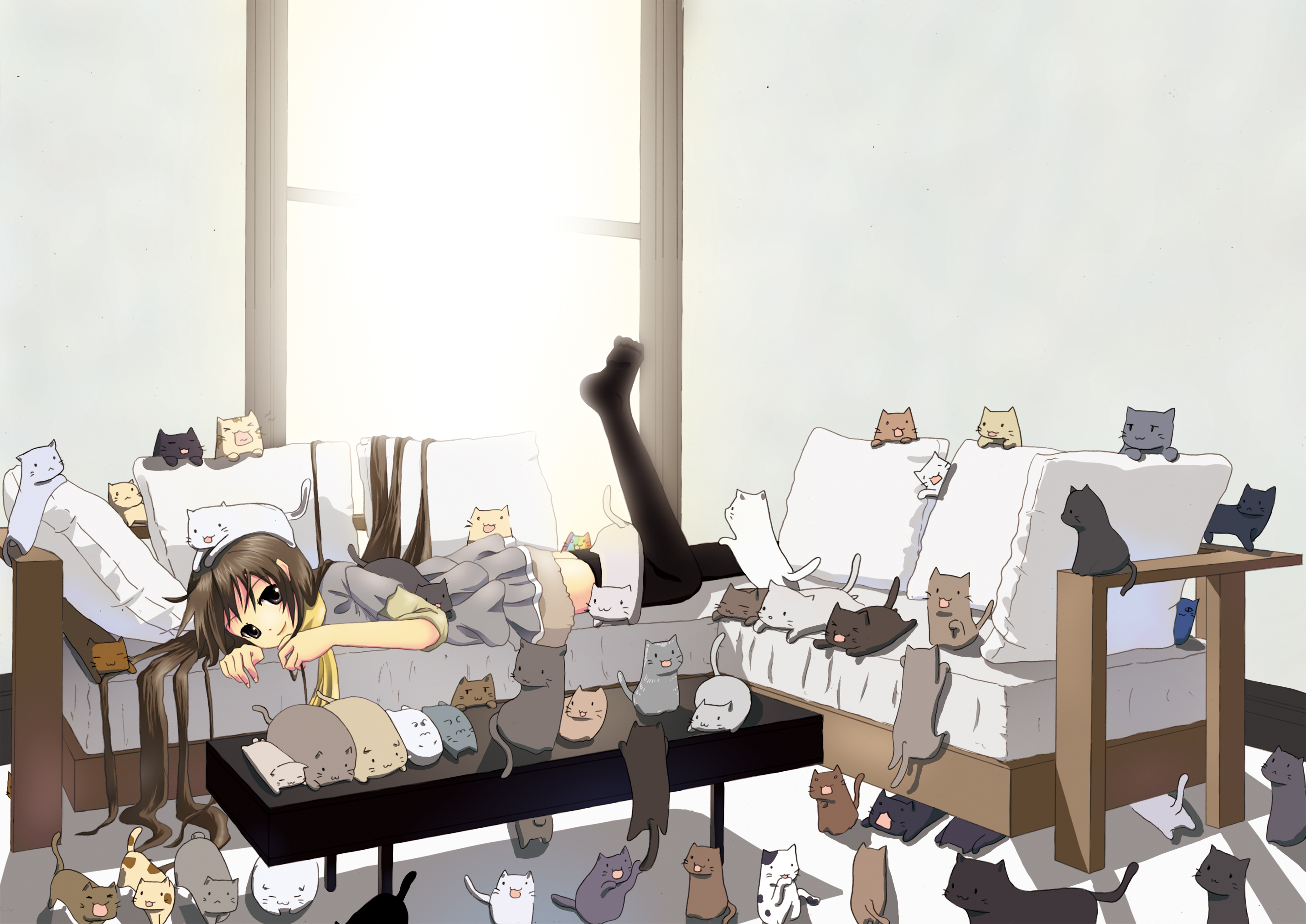 nekobaka, original, bad id, bad pixiv id, highres, making-of available, 1girl, animal, animal on head, brown hair, cat, cat on head, coffee table, couch, crazy cat lady, female focus, indoors, leg up, long hair, looking at viewer, lying, no shoes, on head, on stomach, shadow, side ponytail, skirt, smile, solo, table, thighhighs, too many, too many cats, window