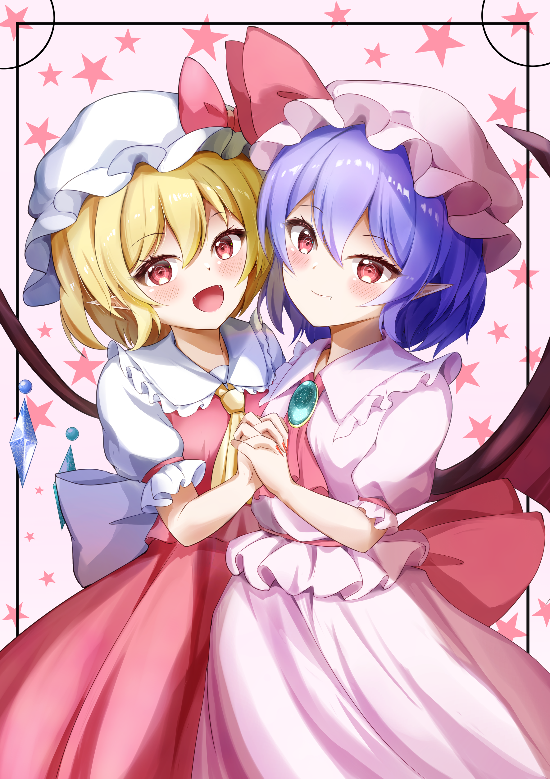 shirotsuki shirone, flandre scarlet, remilia scarlet, touhou, absurdres, commentary, highres, 2girls, ascot, back bow, bat wings, blonde hair, blush, bow, brooch, crystal wings, double-parted bangs, fang, fang out, fangs, frilled hat, frilled sailor collar, frilled sleeves, frills, hair bow, hat, holding hands, interlocked fingers, jewelry, looking at viewer, mob cap, multiple girls, pink ascot, pink hat, pink shirt, pink skirt, pointy ears, purple hair, red bow, red eyes, red skirt, red vest, sailor collar, shirt, short hair, short sleeves, siblings, sisters, skirt, skirt set, smile, star (symbol), star symbol background, vest, white hat, white shirt, wings, yellow ascot