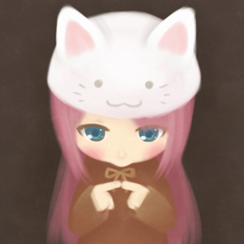 cocona, megurine luka, megurine luka (toeto), toeto (vocaloid), vocaloid, bad id, bad pixiv id, lowres, :>, animal hat, blue eyes, cat hat, from above, hat, pink hair, solo