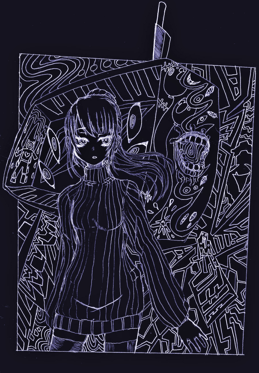 yokachi, poniko, yume nikki, highres, 1girl, female focus, knife, monochrome, ponytail, purple theme, solo, thighhighs