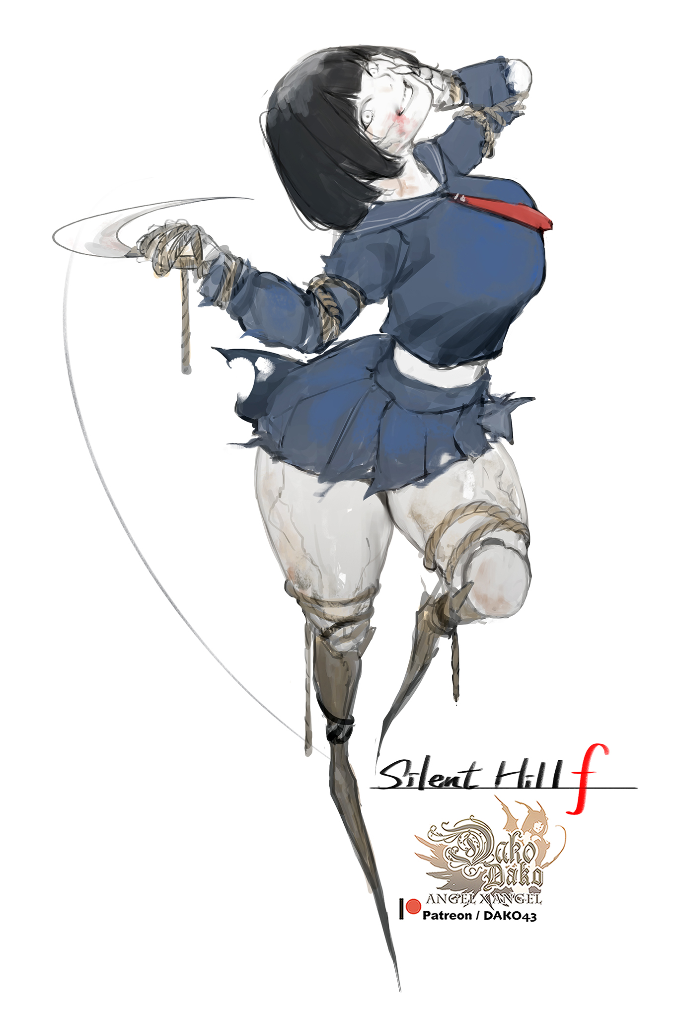 hu dako, ayakakashi, silent hill (series), silent hill f, highres, 1girl, artist name, black hair, blue sailor collar, blue skirt, doll joints, full body, grin, joints, necktie, pleated skirt, red necktie, sailor collar, short hair, skirt, smile, solo, standing, standing on one leg