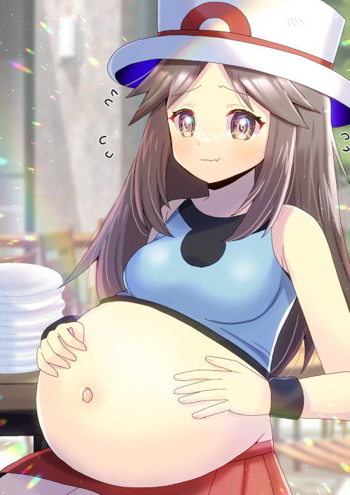 kou hiyoyo, leaf (pokemon), nintendo, pokemon, commentary request, commission, skeb commission, 1girl, blue shirt, breasts, brown eyes, brown hair, closed mouth, flying sweatdrops, hat, long hair, medium breasts, pregnant, red skirt, shirt, skirt, sleeveless, sleeveless shirt, solo