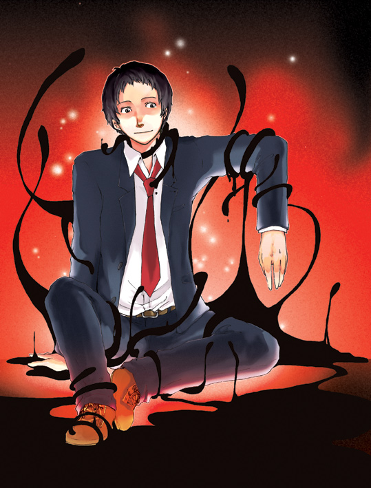 hicker, adachi tooru, atlus, persona, persona 4, spoilers, 1boy, male focus, necktie, sitting, solo
