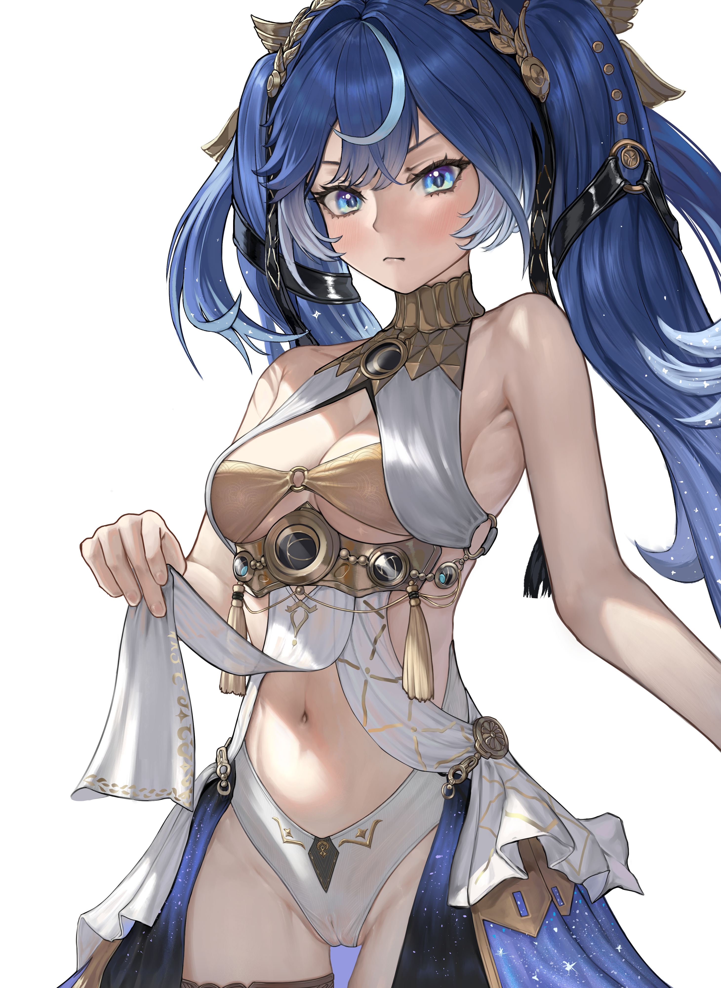 iuno (wuthering waves), wuthering waves, absurdres, commentary, highres, 1girl, ancient greek clothes, bare shoulders, blue eyes, blush, breasts, cameltoe, cleavage, closed mouth, cowboy shot, gold bra, greco-roman clothes, hair belt, laurel crown, long hair, looking at viewer, medium breasts, multicolored hair, navel, pussy, raziel (artist), simple background, solo, stomach, streaked hair, thighs, twintails, white background