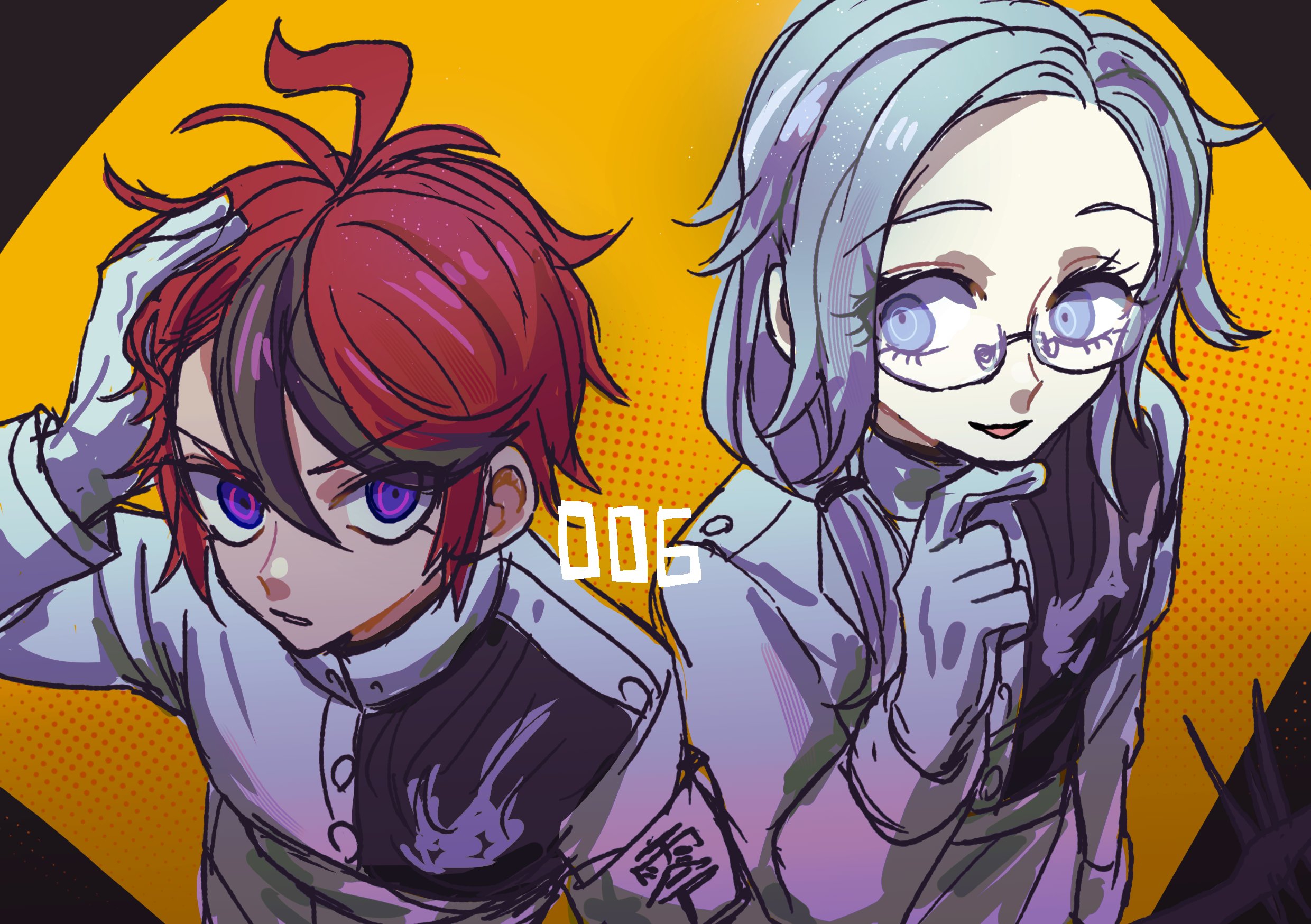kawati, aotsuki eito, sumino takumi, the hundred line -last defense academy-, commentary, highres, 2boys, ahoge, alternate hairstyle, armband, black background, black streaks, blue eyes, gakuran, glasses, gloves, grey hair, hair over shoulder, hand on own head, jacket, last defense academy school uniform, looking at another, looking at viewer, male focus, medium hair, multicolored hair, multiple boys, ponytail, purple eyes, red hair, ringed eyes, school uniform, short hair, smile, streaked hair, two-tone background, white armband, white gloves, white jacket, yellow background
