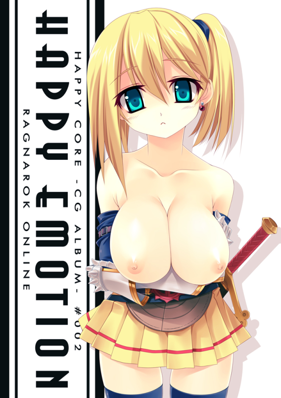 kinoshita ichi, lord knight (ragnarok online), ragnarok online, breast hold, 1girl, aqua eyes, blonde hair, blue thighhighs, breasts, collarbone, earrings, female focus, gauntlets, head tilt, jewelry, large breasts, looking at viewer, nipples, pleated skirt, short hair, side ponytail, skirt, solo, standing, sword, thigh gap, thighhighs, topless female, weapon
