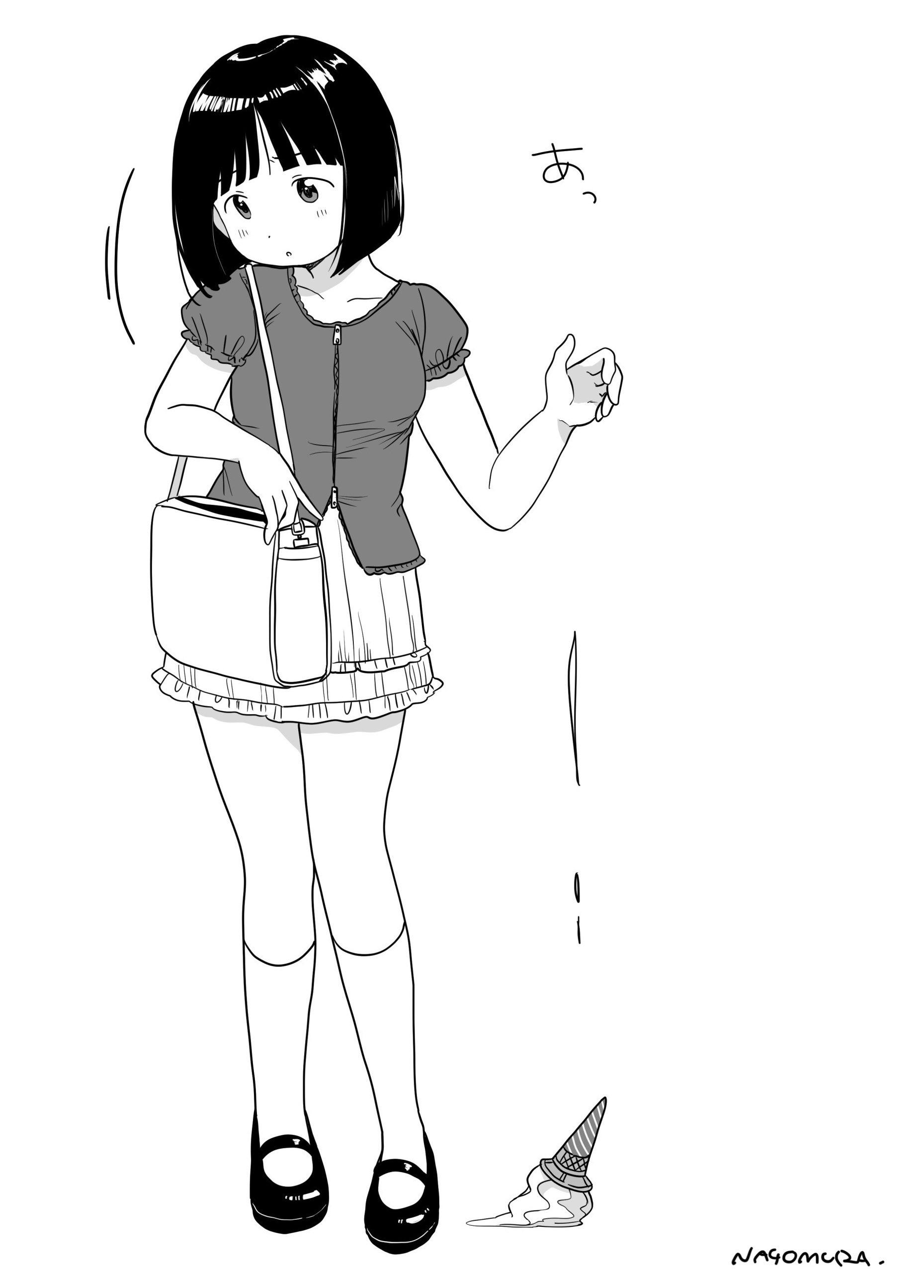 nagomurasan, original, absurdres, highres, 1girl, artist name, bag, blunt bangs, blush, dated, full body, greyscale, handbag, kneehighs, looking at viewer, monochrome, pleated skirt, shirt, shoes, short hair, short sleeves, shoulder bag, signature, skirt, socks, solo, standing