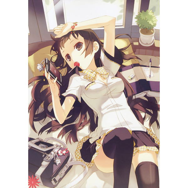 h2so4, original, hand on forehead, 1girl, bow, bracelet, breasts, brown eyes, brown hair, candy, cellphone, eraser, female focus, food, jewelry, leg up, lollipop, long hair, lying, medium breasts, mouth hold, on back, phone, plant, potted plant, ribbon, school uniform, shading eyes, skirt, solo, thighhighs, tree, wavy hair, window, zettai ryouiki