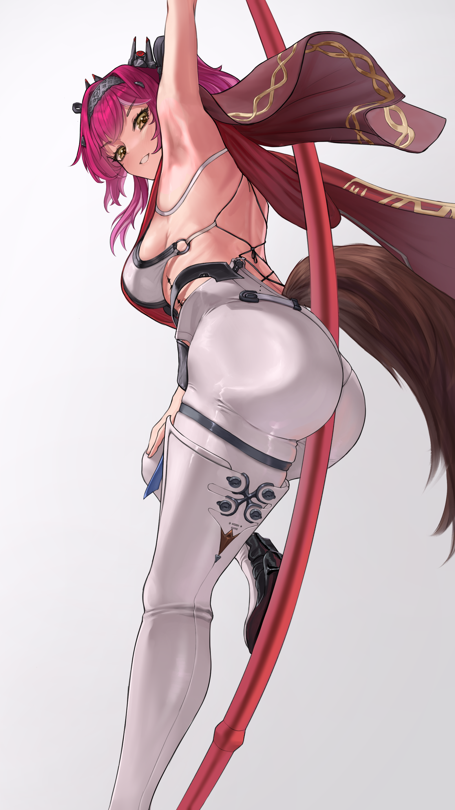 lupa (wuthering waves), wuthering waves, absurdres, commentary, highres, 1girl, arm up, armpits, ass, back, bodysuit, boots, breasts, from side, grey background, hairband, headgear, large breasts, long hair, looking at viewer, metal hairband, parted lips, pink hair, polearm, raziel (artist), red sash, sash, simple background, smile, solo, tacet mark (wuthering waves), tail, thigh boots, weapon, white bodysuit, white boots, wolf tail, yellow eyes