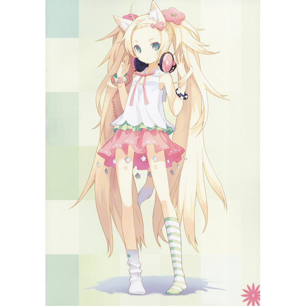 h2so4, original, 1girl, animal ears, asymmetrical clothes, blonde hair, blue eyes, bracelet, child, female focus, flat chest, headphones, jewelry, kneehighs, legs, long hair, loose socks, skirt, socks, solo, twintails