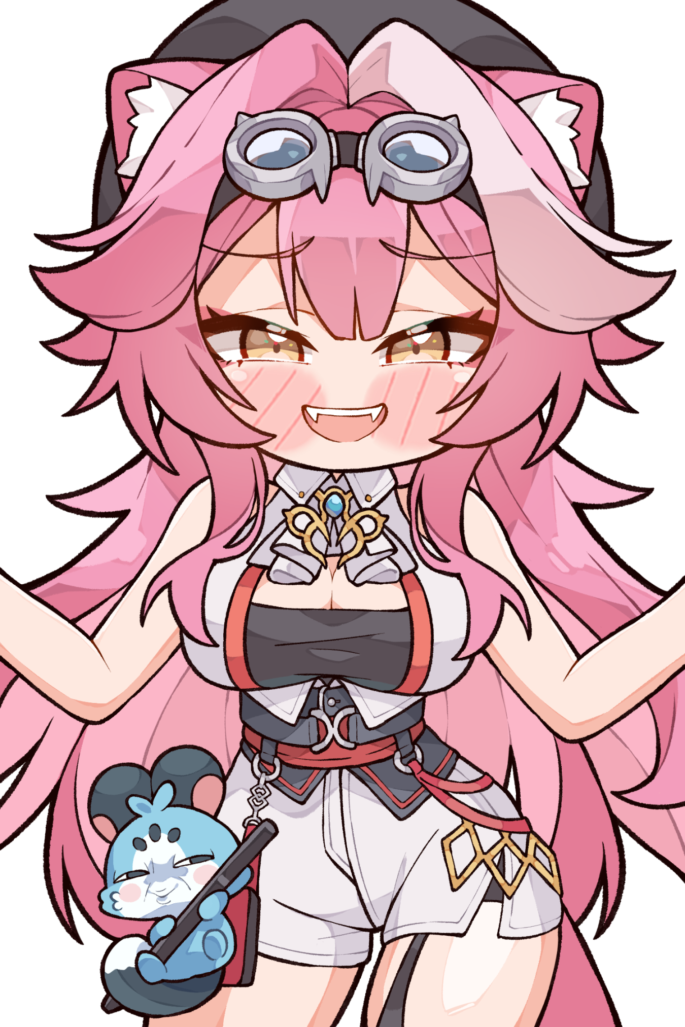kukie-nyan, chattino (raora panthera), raora panthera, raora panthera (1st costume), hololive, hololive english, commentary, english commentary, highres, 1girl, animal ears, ascot, bare shoulders, beret, black garter straps, black hat, blue gemstone, blush, breasts, cleavage, collared shirt, eyeshadow, fang, fangs, garter straps, gem, goggles, goggles on head, hair intakes, hat, holding, holding stylus, jewelry, large breasts, long hair, looking at viewer, makeup, multicolored hair, open mouth, panther ears, panther girl, panther tail, pink eyeshadow, pink hair, pink tail, shirt, shorts, simple background, single garter strap, sleeveless, sleeveless shirt, smile, streaked hair, stylus, tail, teeth, thighs, two-tone hair, virtual youtuber, white ascot, white background, white shirt, white shorts, yellow eyes