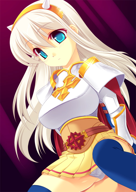 kinoshita ichi, lord knight (ragnarok online), ragnarok online, silver hair, 1girl, armor, armored dress, belt, blue eyes, cape, dress, gauntlets, horns, long hair, panties, pantyshot, skirt, thighhighs, underwear