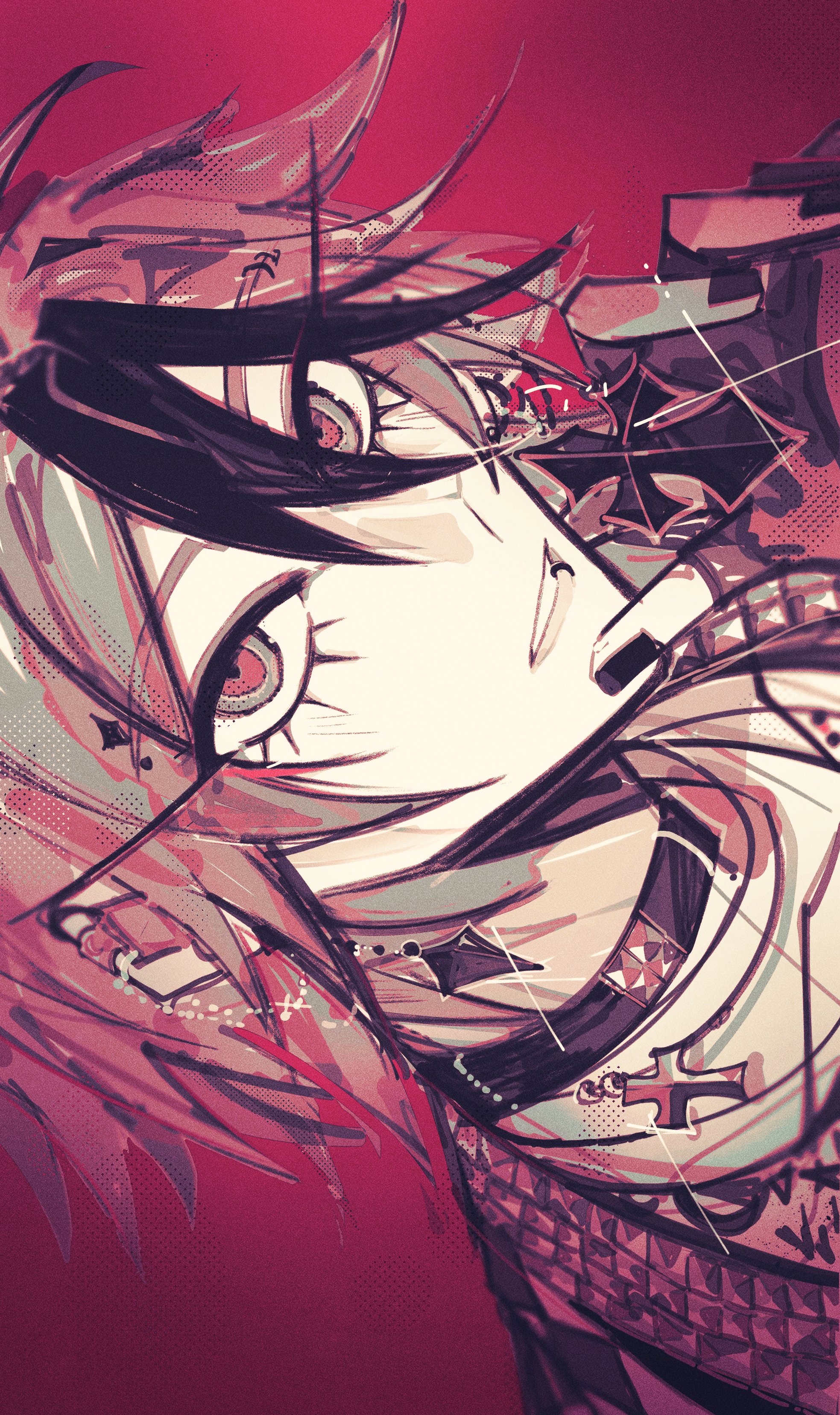 sumino takumi, the hundred line -last defense academy-, absurdres, commentary, english commentary, highres, 1boy, alternate costume, collar, earrings, face piercing, fingerless gloves, gloves, hair between eyes, jacket, jewelry, limited palette, lip piercing, looking at viewer, male focus, multicolored hair, nail polish, parted lips, piercing, portrait, red background, shirt, short hair, sideways, solo, streaked hair, takueitaku