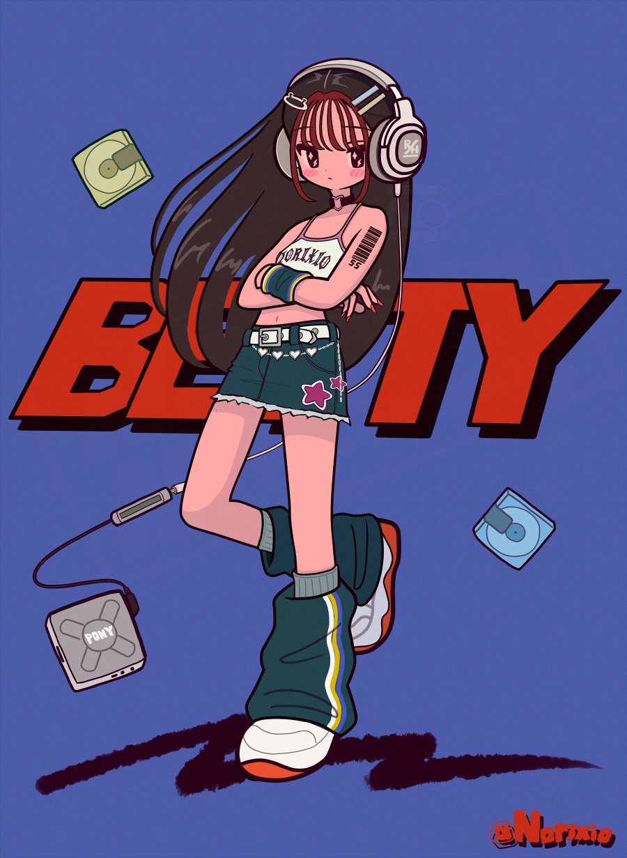 norixio, original, highres, 1girl, blue background, boots, cd player, clothes writing, crossed arms, headphones, long hair, solo