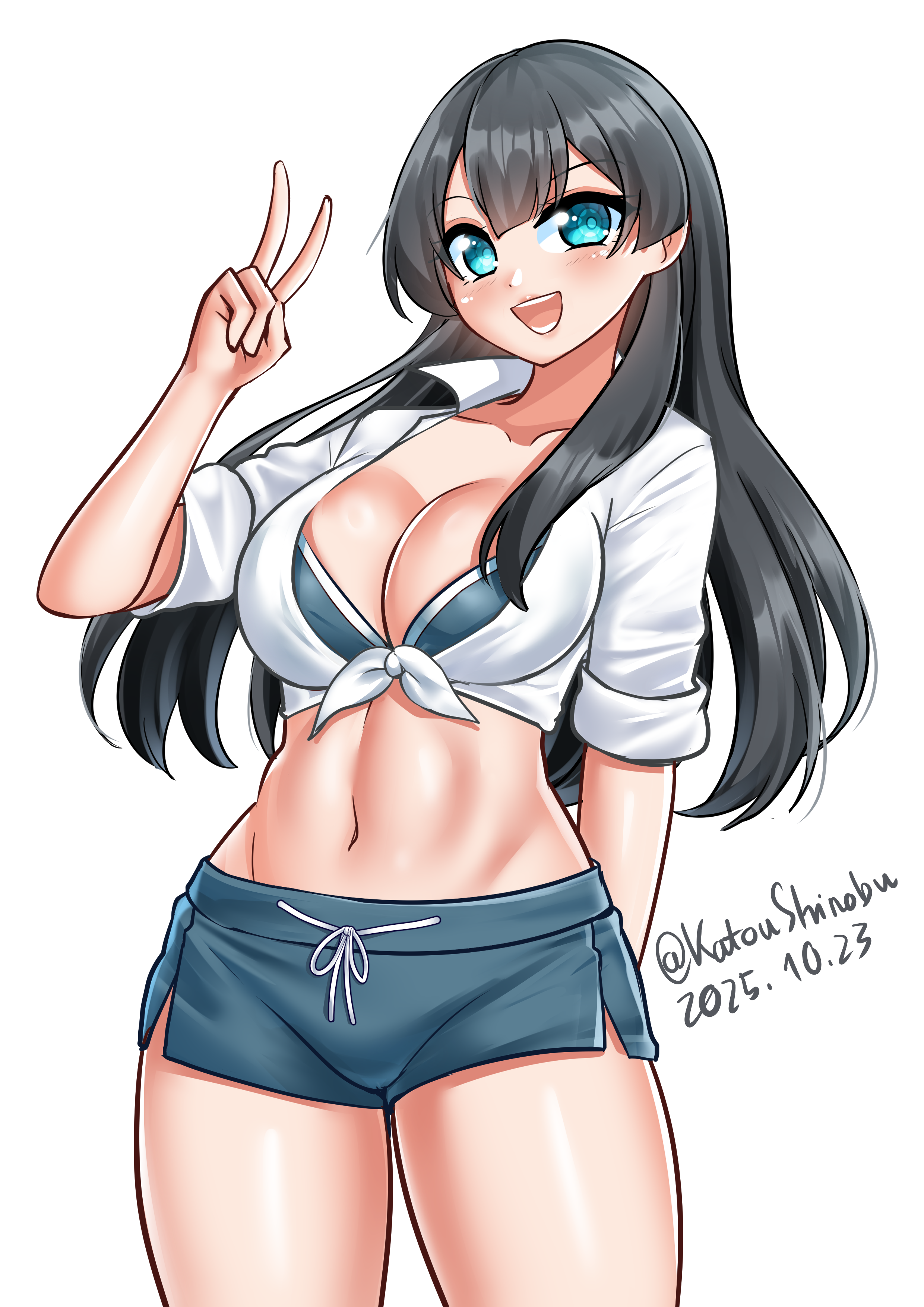 katou shinobu, agano (kancolle), kantai collection, absurdres, commentary, highres, 1girl, alternate costume, bikini, bikini under clothes, black hair, blue bikini, blue shorts, blush, breasts, cleavage, cowboy shot, dated, front-tie top, green eyes, large breasts, long hair, looking at viewer, navel, one-hour drawing challenge, open mouth, shirt, short shorts, short sleeves, shorts, simple background, smile, solo, stomach, swimsuit, thighs, twitter username, v, white background, white shirt