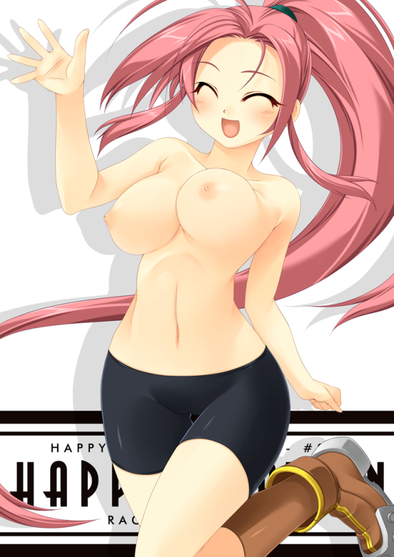 kinoshita ichi, hunter (ragnarok online), ragnarok online, 1girl, :d, bike shorts, blush, boots, bouncing breasts, breasts, collarbone, female focus, happy, hunter, large breasts, latex, legs, long hair, navel, nipples, open hand, open mouth, pink hair, ponytail, shadow, smile, solo, standing, standing on one leg, thighs, topless female, unaligned breasts, very long hair