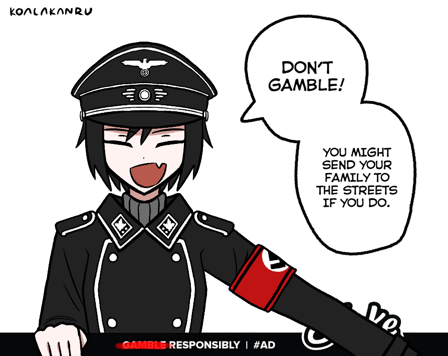 koalakanru, original, 1girl, artist name, black hair, black hat, closed eyes, english text, fang, hair between eyes, hat, jacket, looking at viewer, military hat, military uniform, nazi, open mouth, peaked cap, public service announcement, reichsadler, short hair, solo, speech bubble, ss insignia, ss uniform, sven hoffmann, swastika, talking, waffen-ss, white background