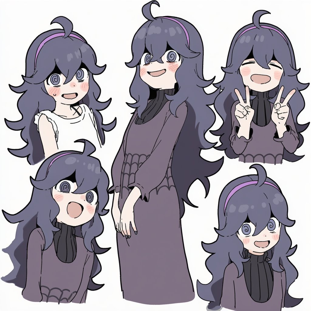 hiru shira yume, hex maniac (pokemon), nintendo, pokemon, 1girl, :d, @ @, ahoge, blush, chibi, dress, drooling, hairband, long hair, looking at viewer, multiple expressions, open mouth, purple eyes, purple hairband, simple background, smile, sweater, white background