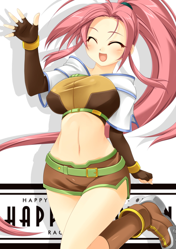 kinoshita ichi, hunter (ragnarok online), ragnarok online, 1girl, belt, blush, boots, female focus, fingerless gloves, gloves, hunter, long hair, midriff, navel, pink hair, ponytail, smile, solo, very long hair