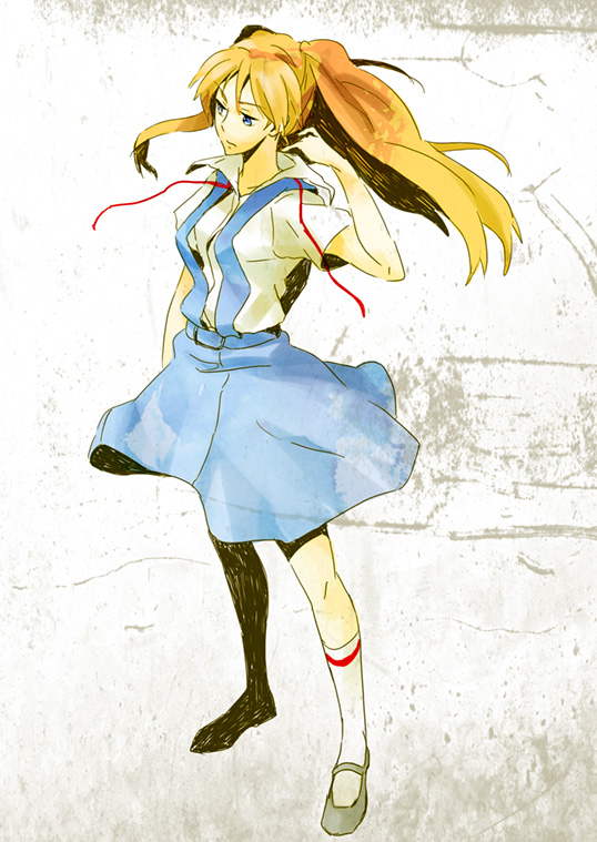 kansai local, kansai rokaru, souryuu asuka langley, neon genesis evangelion, bad id, bad pixiv id, 1girl, blue eyes, female focus, long hair, orange hair, school uniform, solo