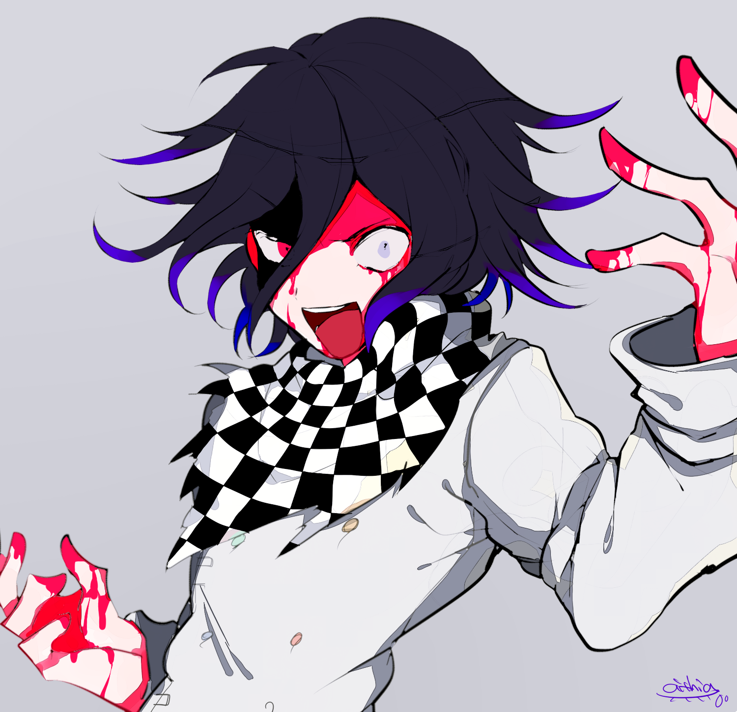 abrtskrg harukk, oma kokichi, danganronpa (series), danganronpa v3: killing harmony, commentary request, highres, 1boy, angry, black hair, blood, blood drip, blood on face, blood on hands, buttons, checkered clothes, checkered scarf, flipped hair, foreshortening, grey background, hair between eyes, hand up, injury, long sleeves, looking at viewer, male focus, open mouth, purple eyes, purple hair, red eyes, scarf, short hair, signature, simple background, solo, two-tone scarf, upper body, wide-eyed